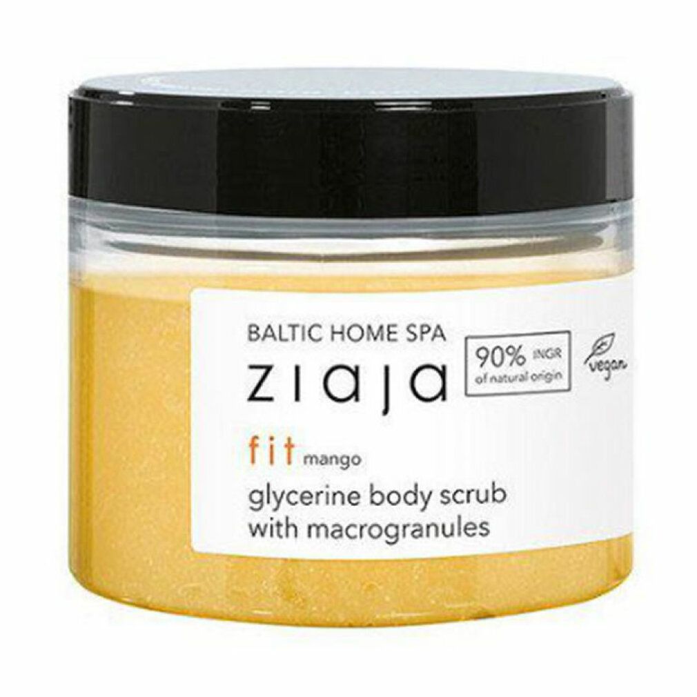 Behälter mit gelbem Körperpeeling. Aufkleber mit Text: ZIAJA fit mango, Glycerin-Körperpeeling mit Makrokörnern. Vegan-Siegel.