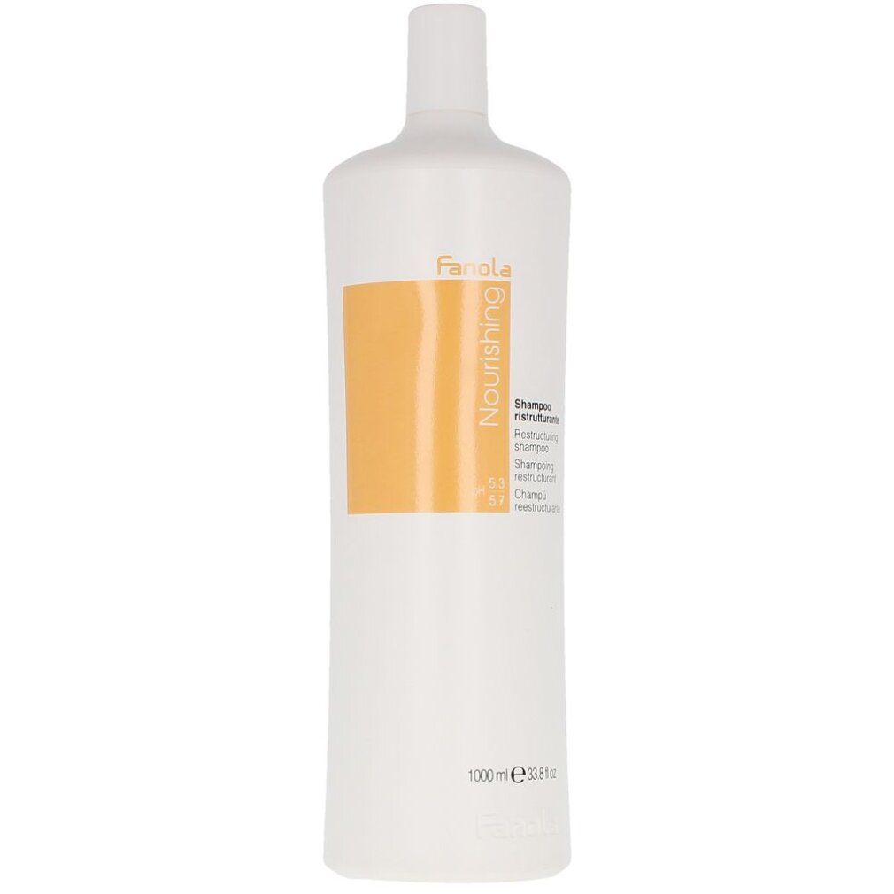 Weiße Flasche mit orangefarbenem Etikett. Text: Fanola, Nourishing, Shampoo ristrutturante. 1000 ml.