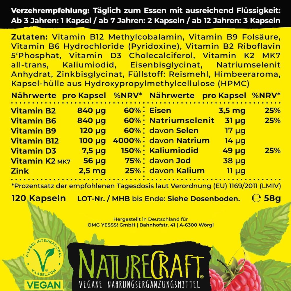 NatureCraft Vegan All-In-One KIDS: Kinder im Freien. Links: Liste der Vorteile und Inhaltsstoffe. Rechts: Produktneuheit 2023.