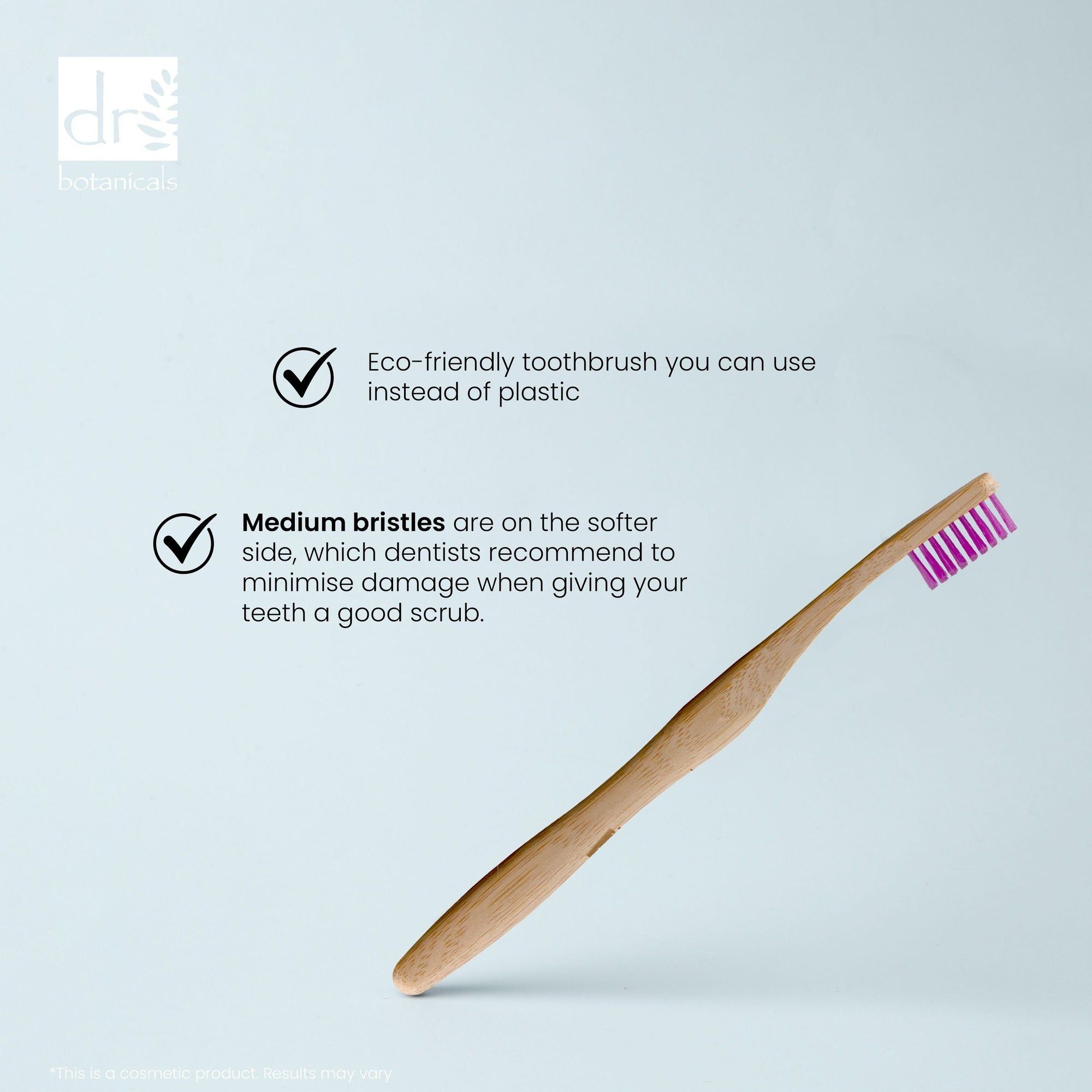 Bambus-Zahnbürste mit lila Borsten. Text: 'Eco-friendly toothbrush'.