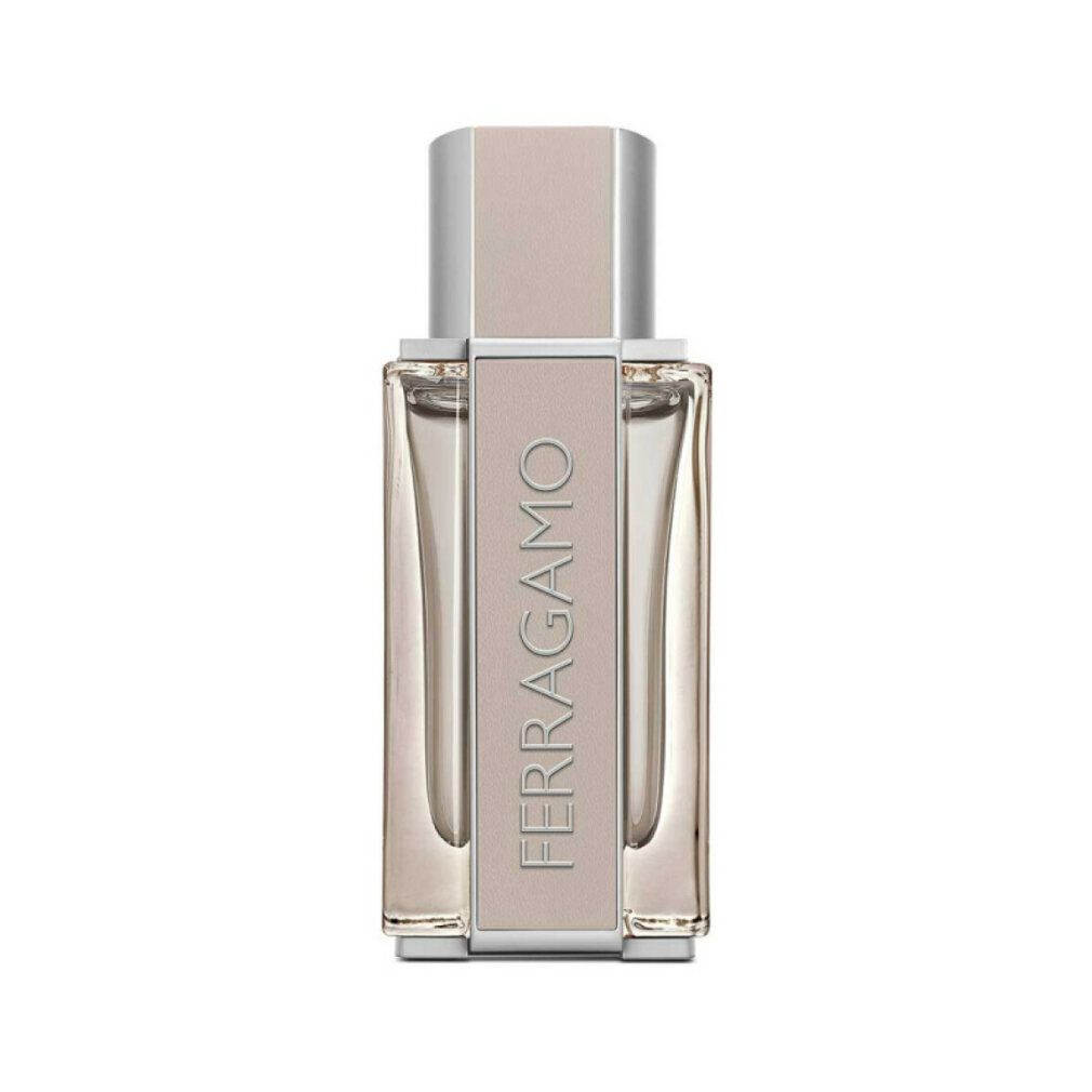 Herren-Eau de Toilette-Flakon. Rechteckige Form, beige-silberne Details. Schriftzug FERRAGAMO.