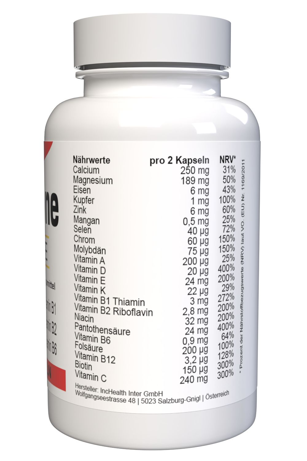 Weiße Kapsel-Dose mit rotem Etikett. Nährwerttabelle mit Vitaminen und Mineralien. Text in deutscher Sprache.