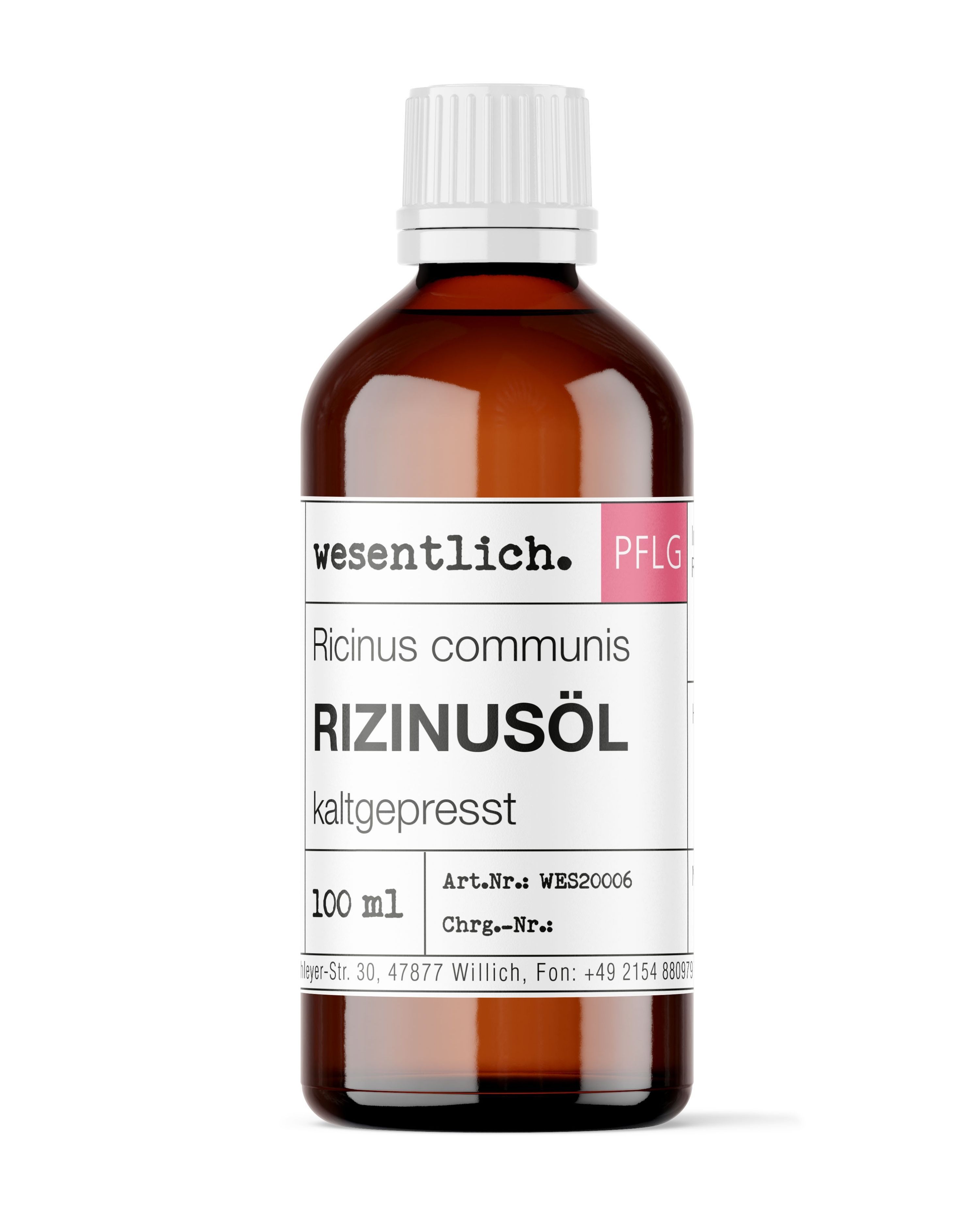 Braune Glasflasche mit weißem Schraubverschluss, gefüllt mit Rizinusöl. Etikett mit Produktinformationen.