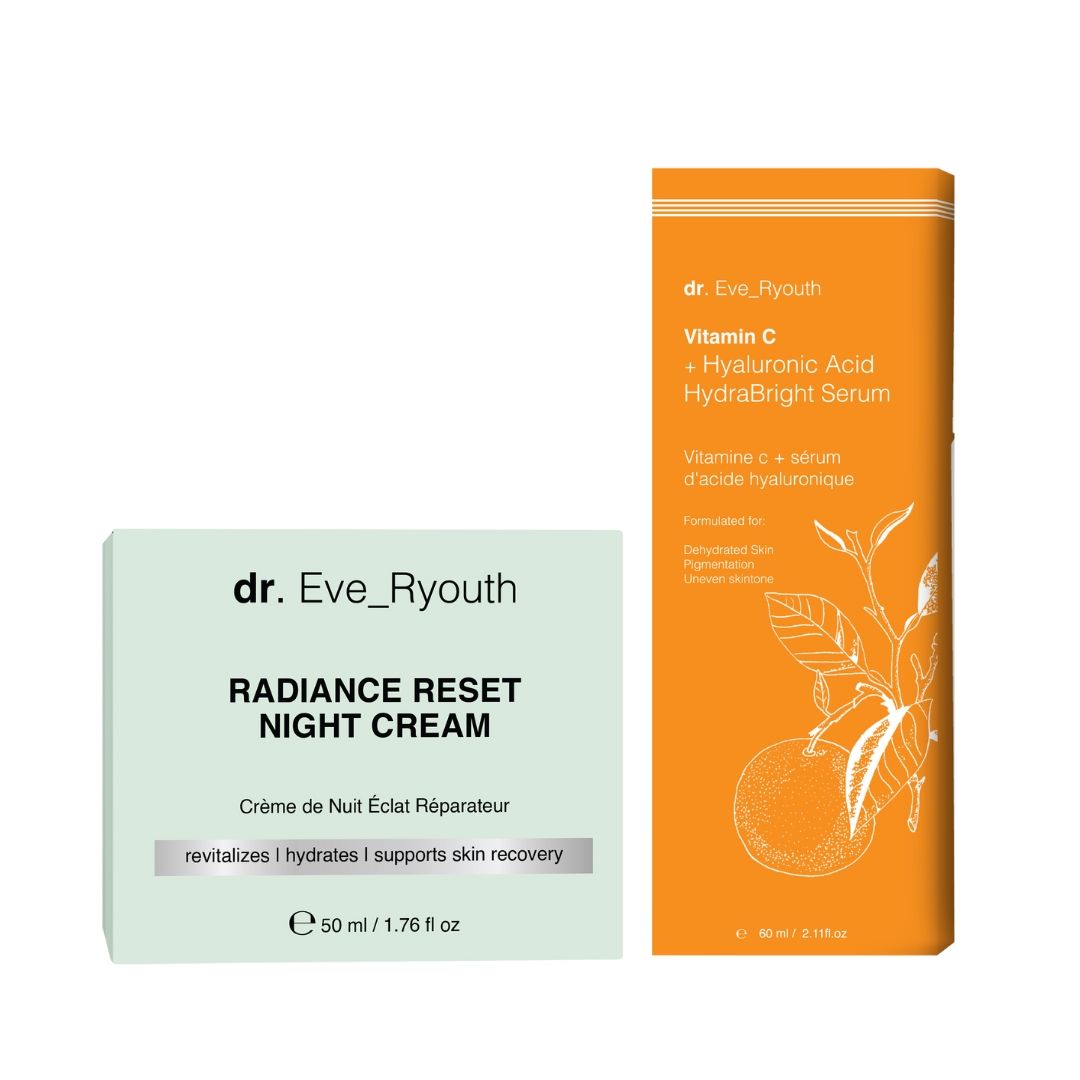 Ein Tiegel 'Radiance Reset Night Cream' und eine Schachtel und Flasche 'Vitamin C Serum'.