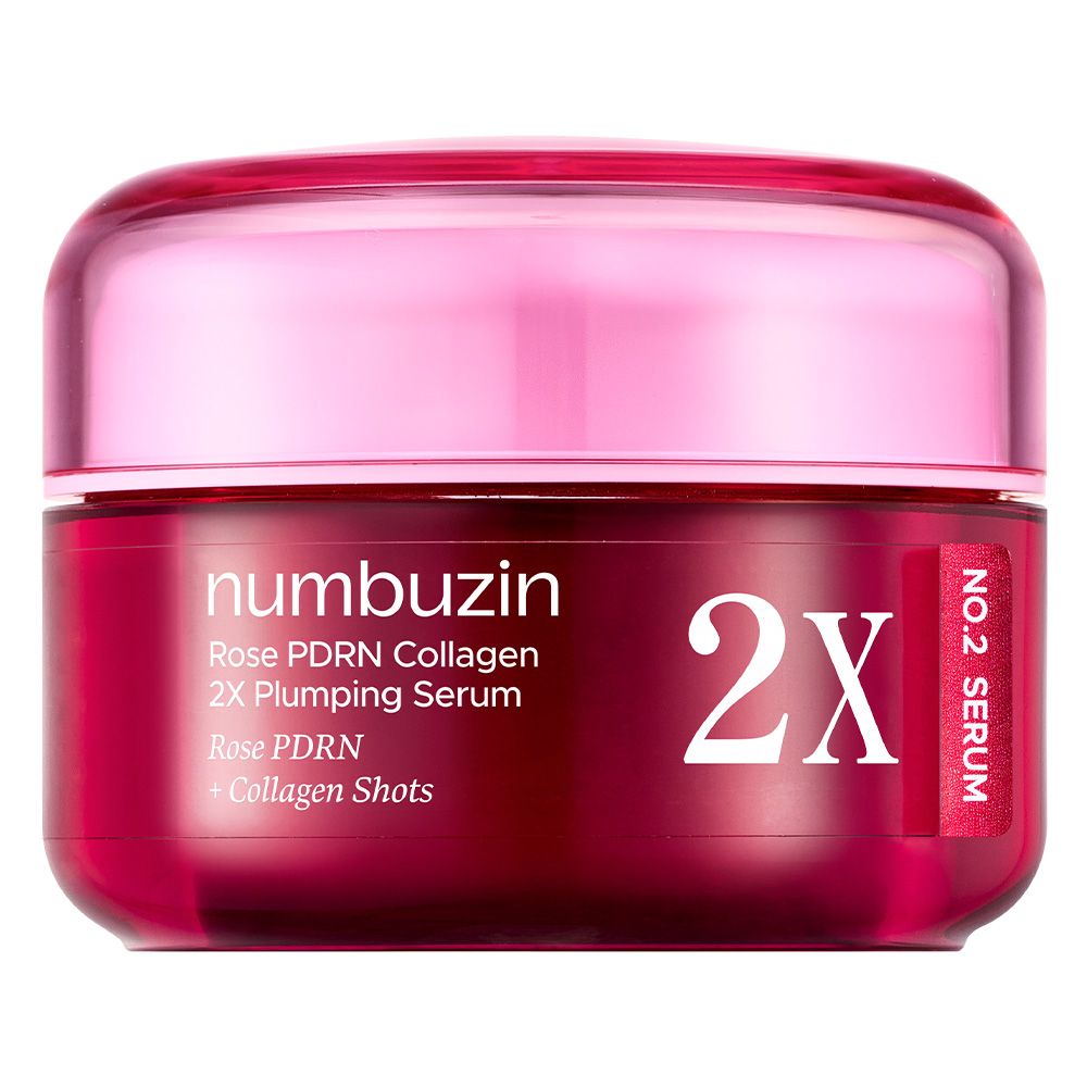 NUMBUZIN Nr.2 Rose PDRN Collagen 2X Plumping Serum in einem roten Tiegel mit rosa Deckel.