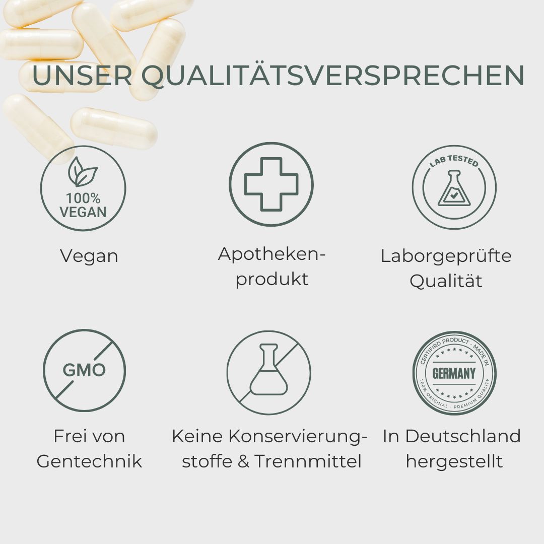 Grafik mit Icons und Text. 100% Vegan, Apothekenprodukt, Laborgeprüfte Qualität, GMO-frei, keine Konservierungsstoffe, hergestellt in Deutschland.