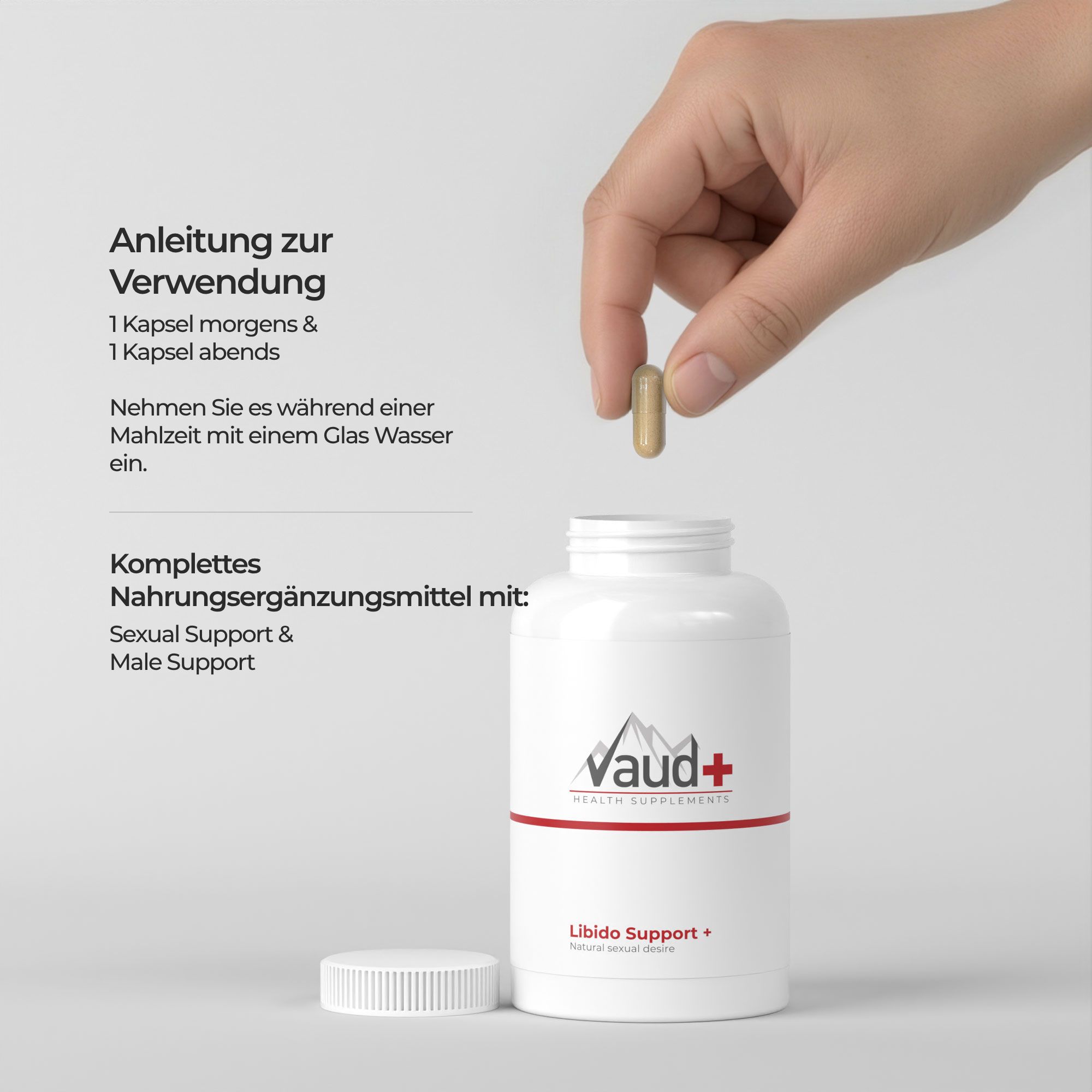 Hand legt Kapsel in Flasche. Text: Anleitung zur Verwendung, Sexual Support.
