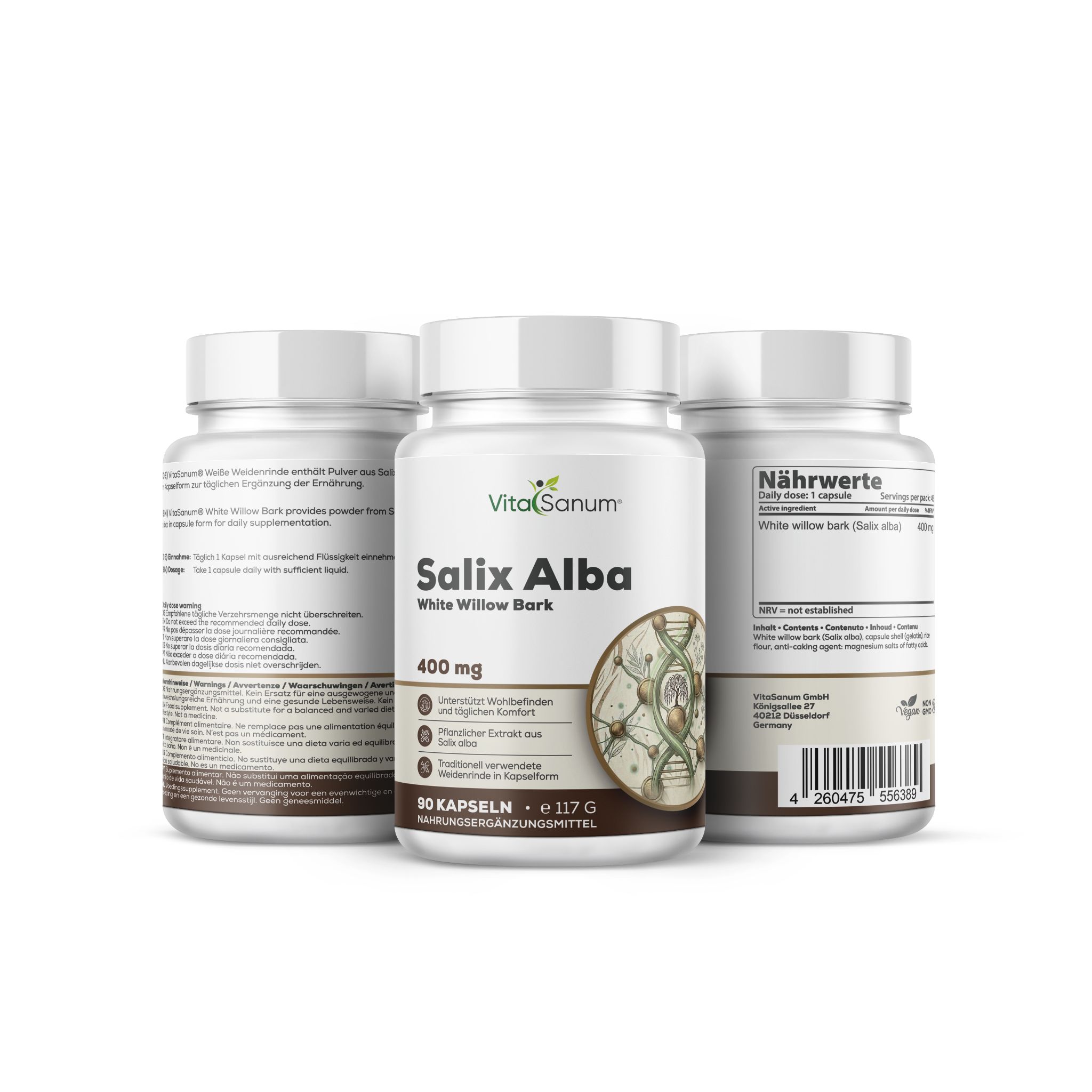 VitaSanum Salix Alba Kapseln: Drei Behälter mit weißer Weidenrinde, 400 mg, 90 Stück.