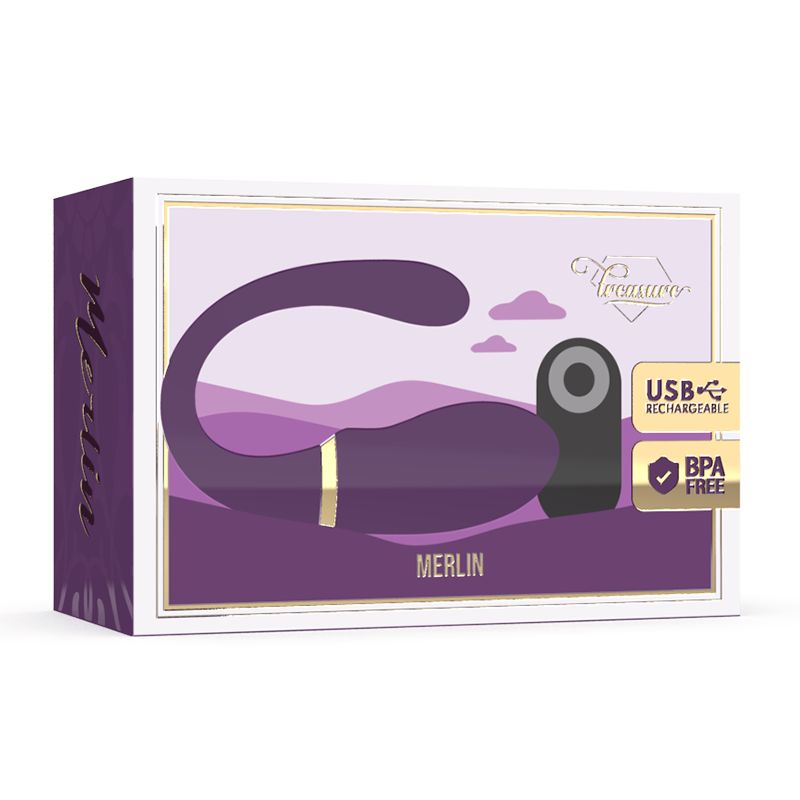 Verpackung mit Produktabbildung. Aufschrift "Merlin". Logo "Treasure". USB-Ladefunktion und BPA-frei.