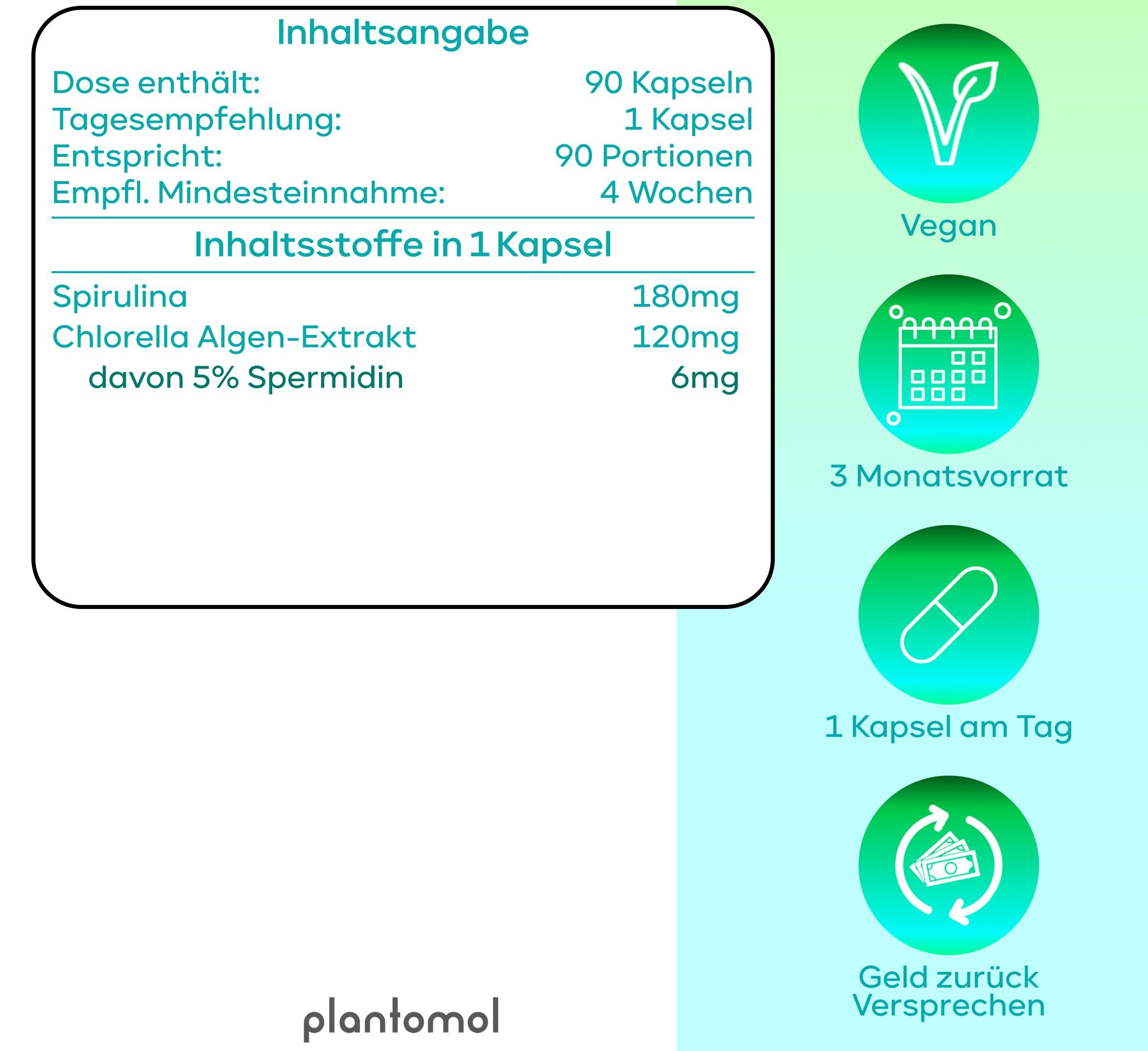 Tabelle mit Inhaltsstoffen. Text: 90 Kapseln, 1 Kapsel täglich, 90 Portionen, 4 Wochen. Inhaltsstoffe: Spirulina, Chlorella Algen-Extrakt, 5% Spermidin.