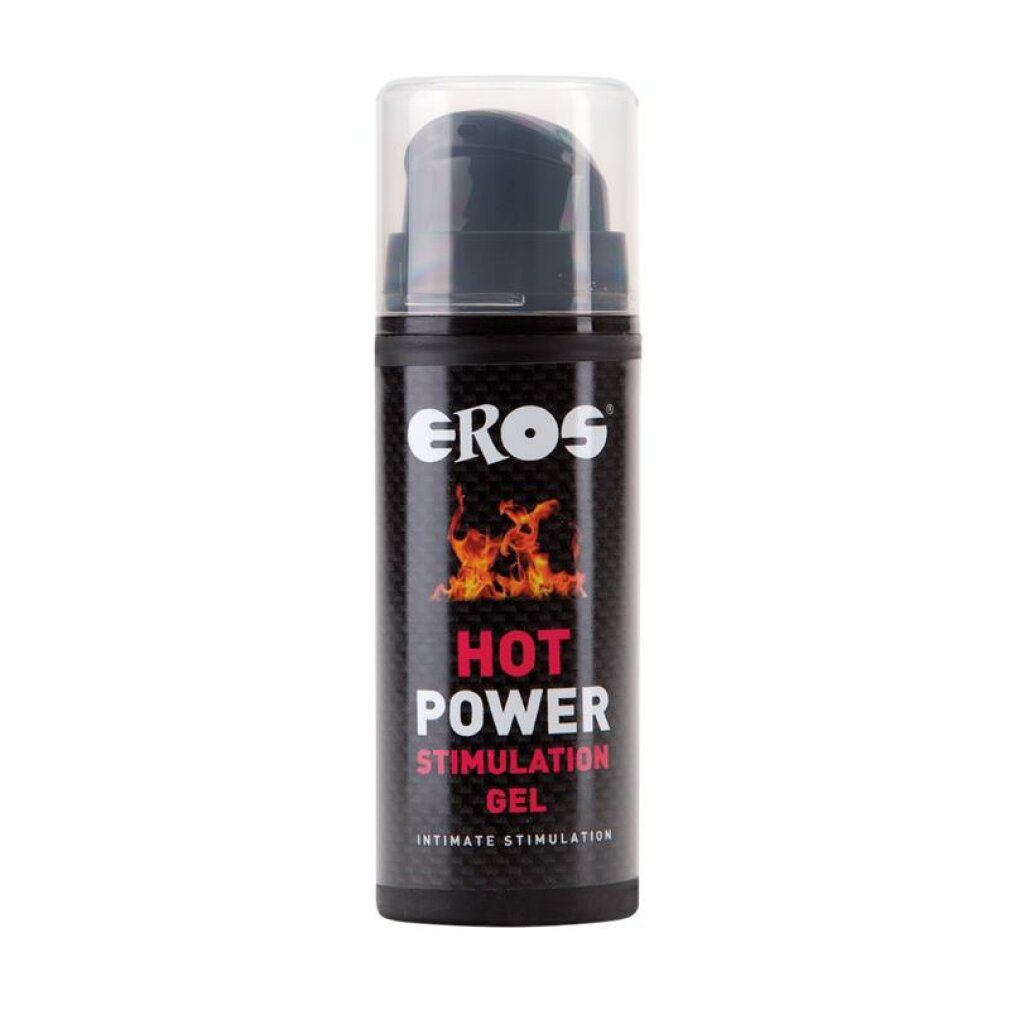 Schwarze Flasche mit Dosierpumpe. Aufschrift: EROS, HOT POWER STIMULATION GEL, Intimate Stimulation. Flammen-Grafik.