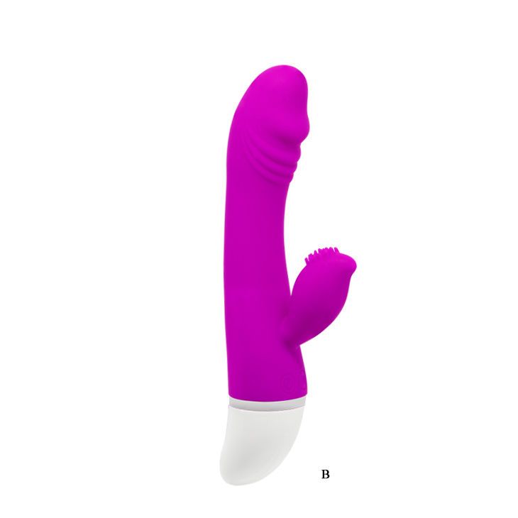 Lila Vibrator mit Kaninchenohren. Weißer Sockel. Vertikale Ansicht.