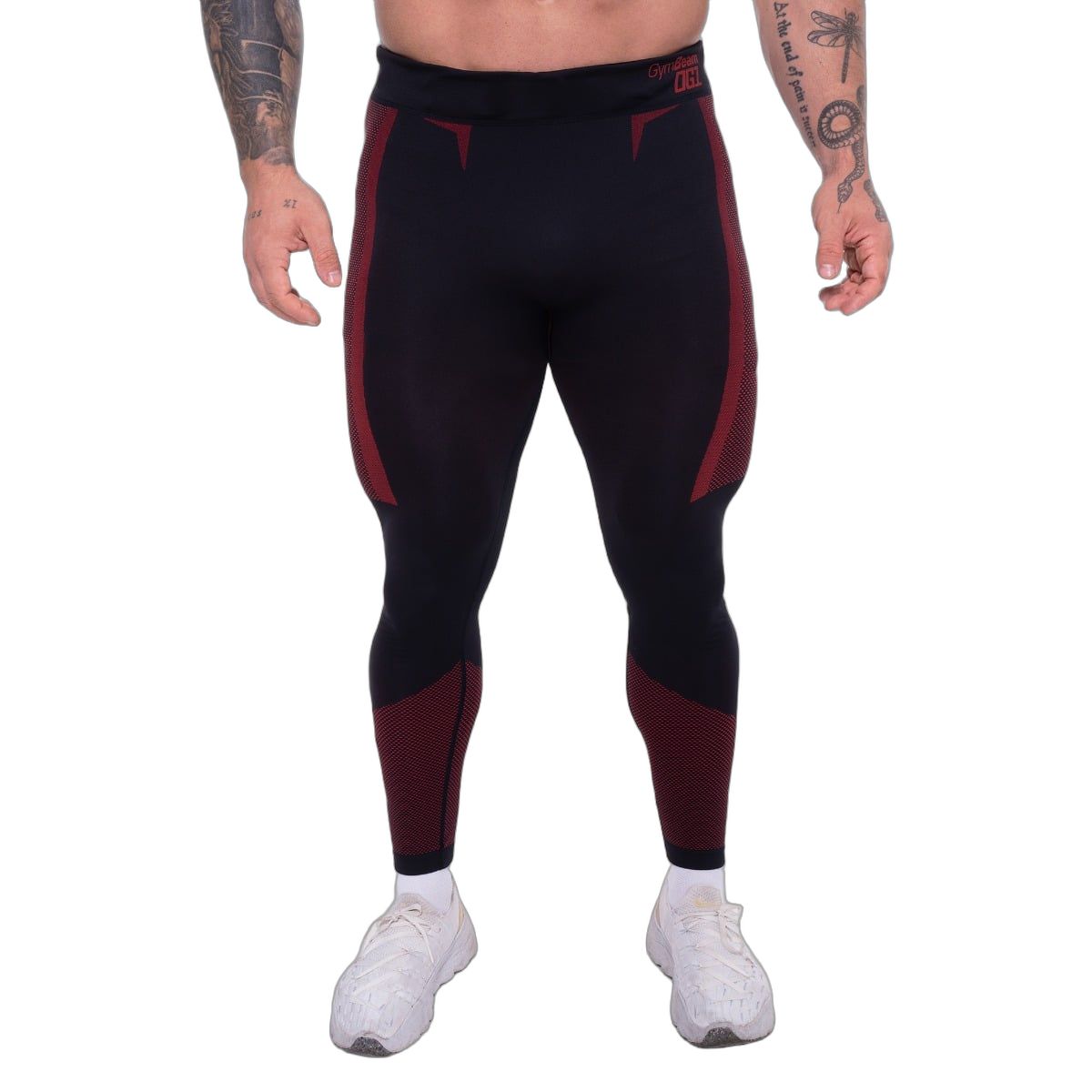 Herren-Leggings, schwarz mit roten Akzenten, Vorderansicht.