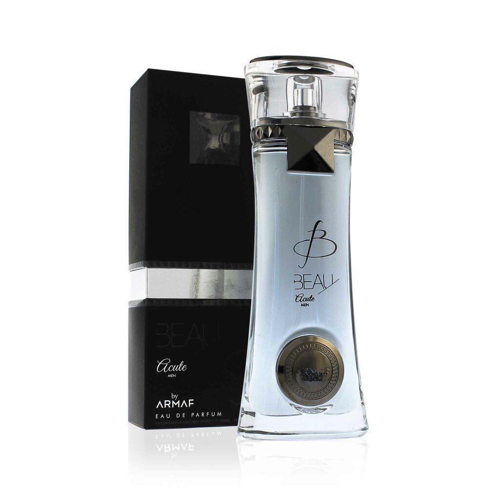 Parfümflasche und schwarze Verpackung. Flasche: Glas, hellblau. Verpackung: Schwarz. Text: Beau Acute by Armaf.