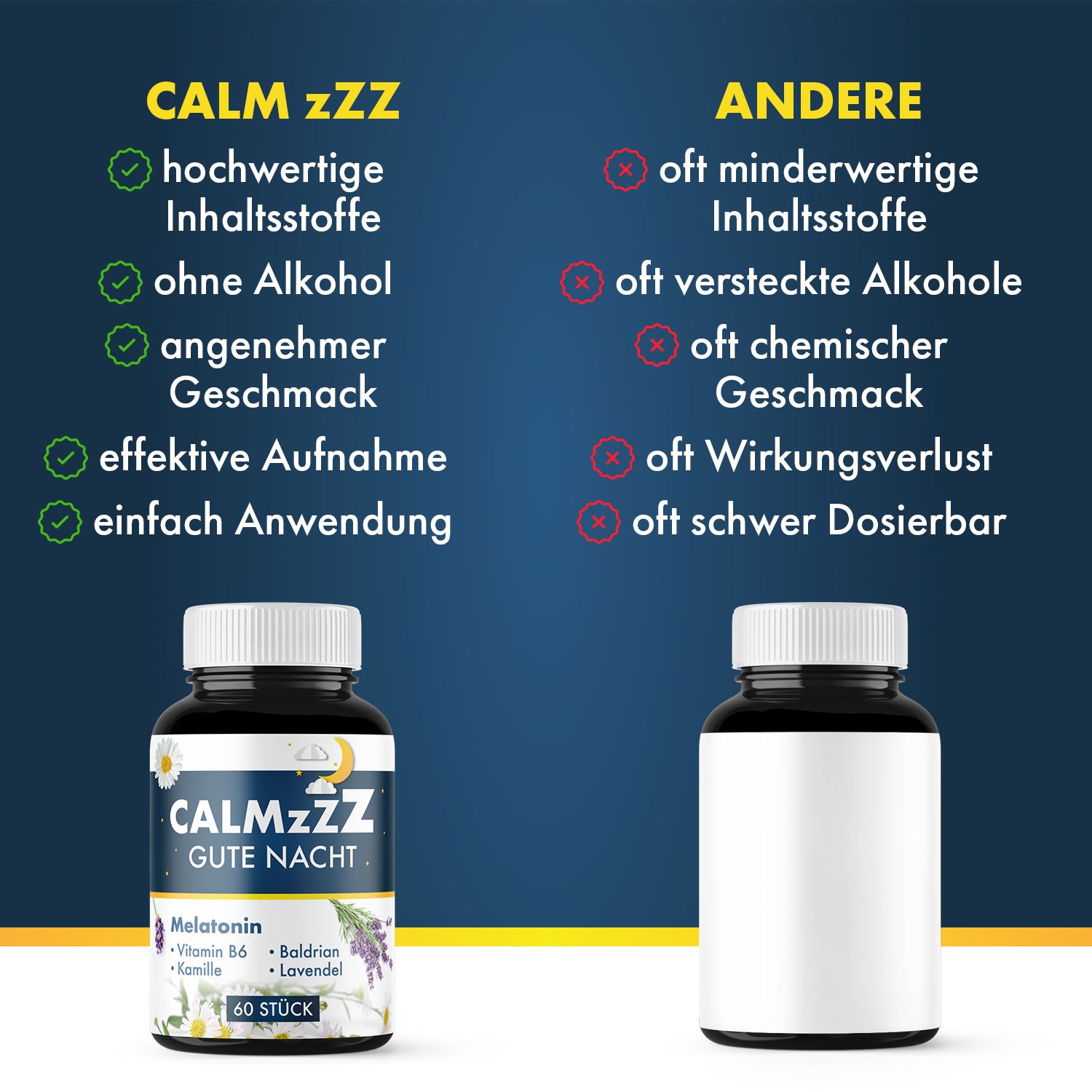 Zwei Flaschen. Links: CALMzzz GUTE NACHT. Rechts: Leere Flasche. Text: hochwertige Inhaltsstoffe, ohne Alkohol, angenehmer Geschmack.