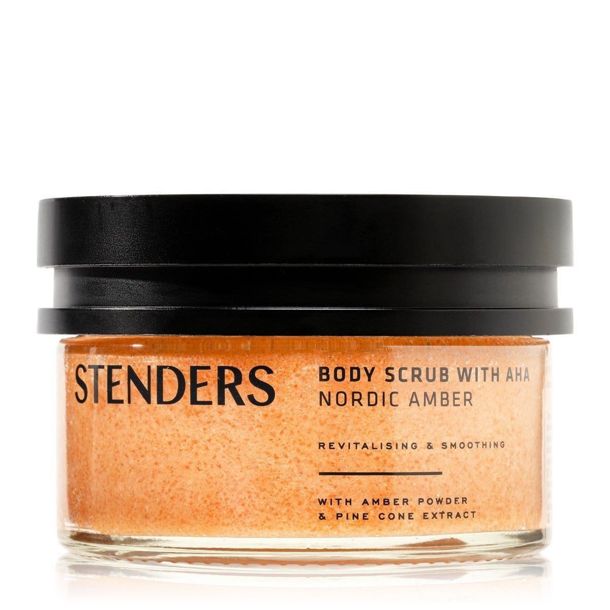 Glasbehälter mit Körperpeeling. Schwarzer Deckel. Text: STENDERS, Body Scrub with AHA Nordic Amber, revitalisierend & glättend.