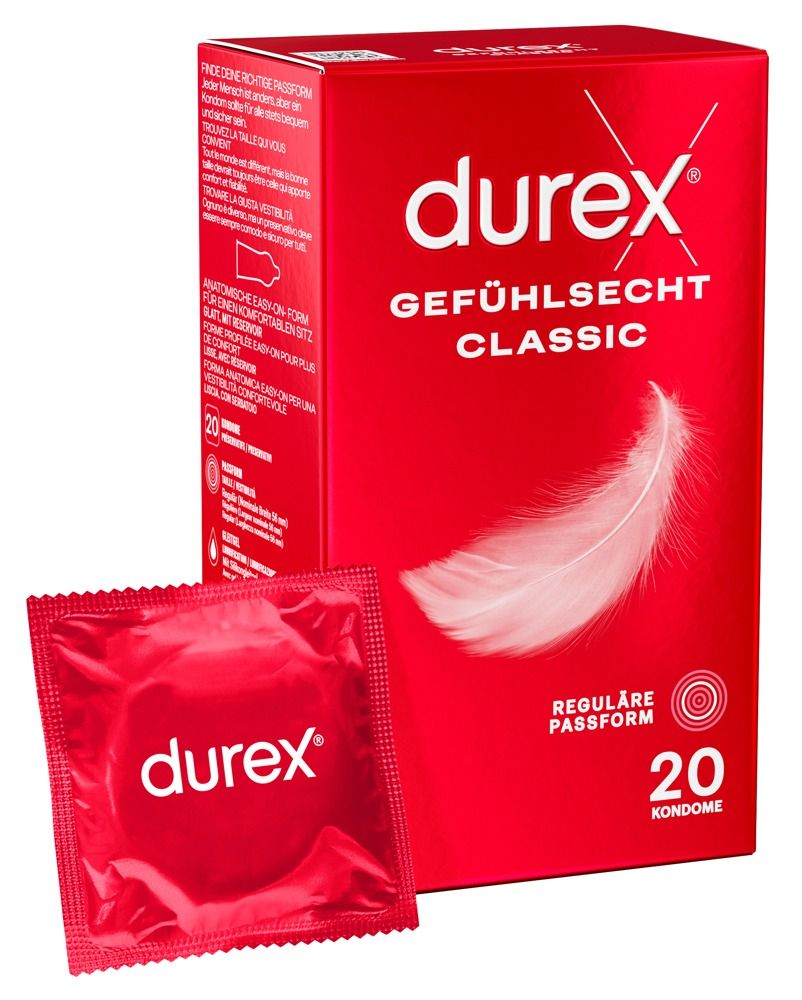 Durex Gefühlsecht Classic Kondom-Packung mit 20 Stück und Feder-Symbol.