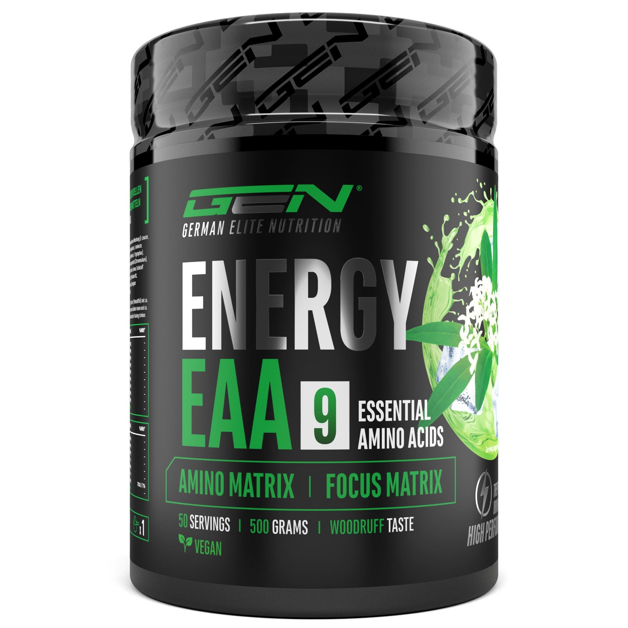Schwarze Dose mit GEN Energy EAA 9. Enthält 50 Portionen, 500 Gramm, Woodruff-Geschmack. Vegan.