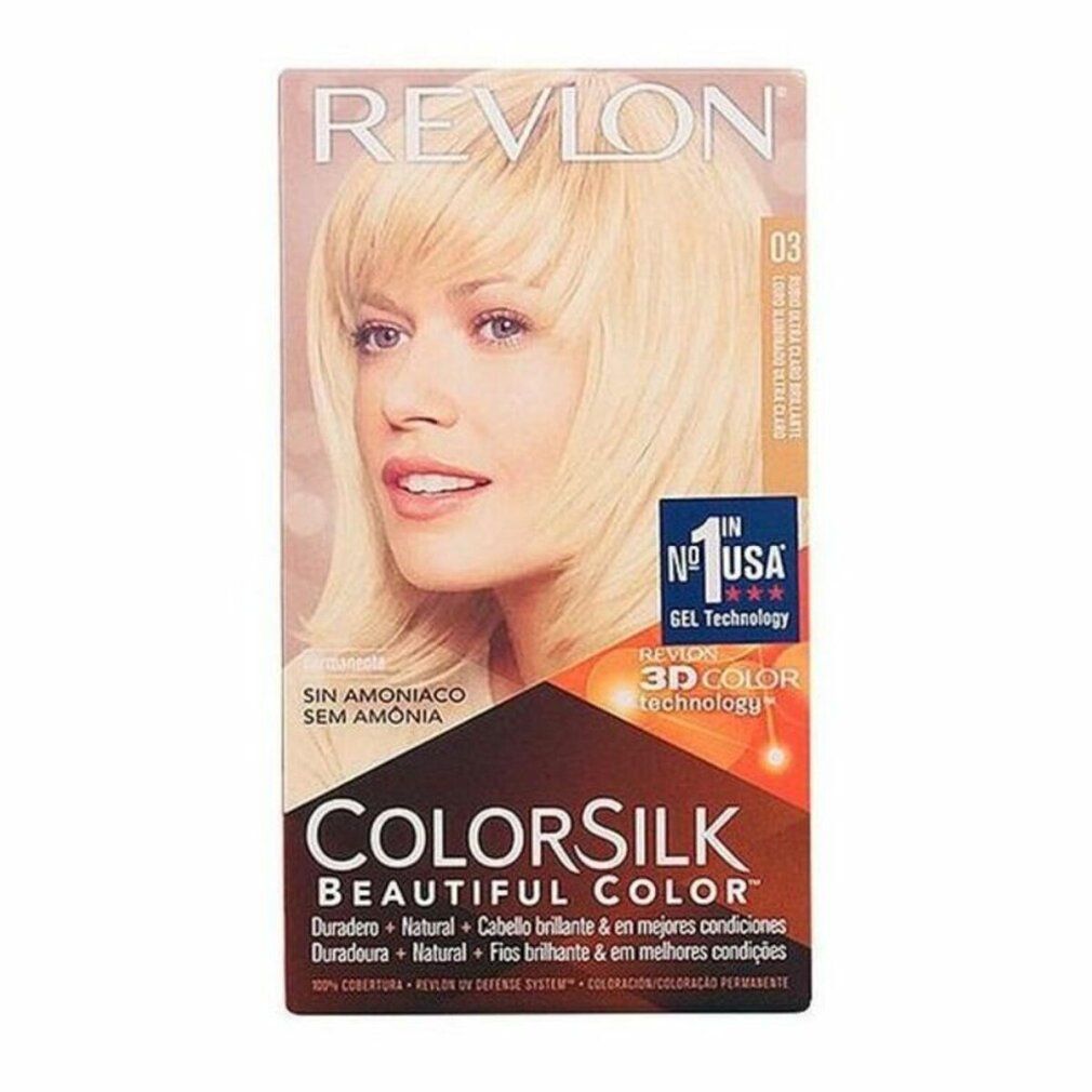 Haarfarbenbox Revlon Colorsilk, Ultra Light Sun Blonde 03. Ohne Ammoniak. 3D Color Technologie. Frau mit blonden Haaren.