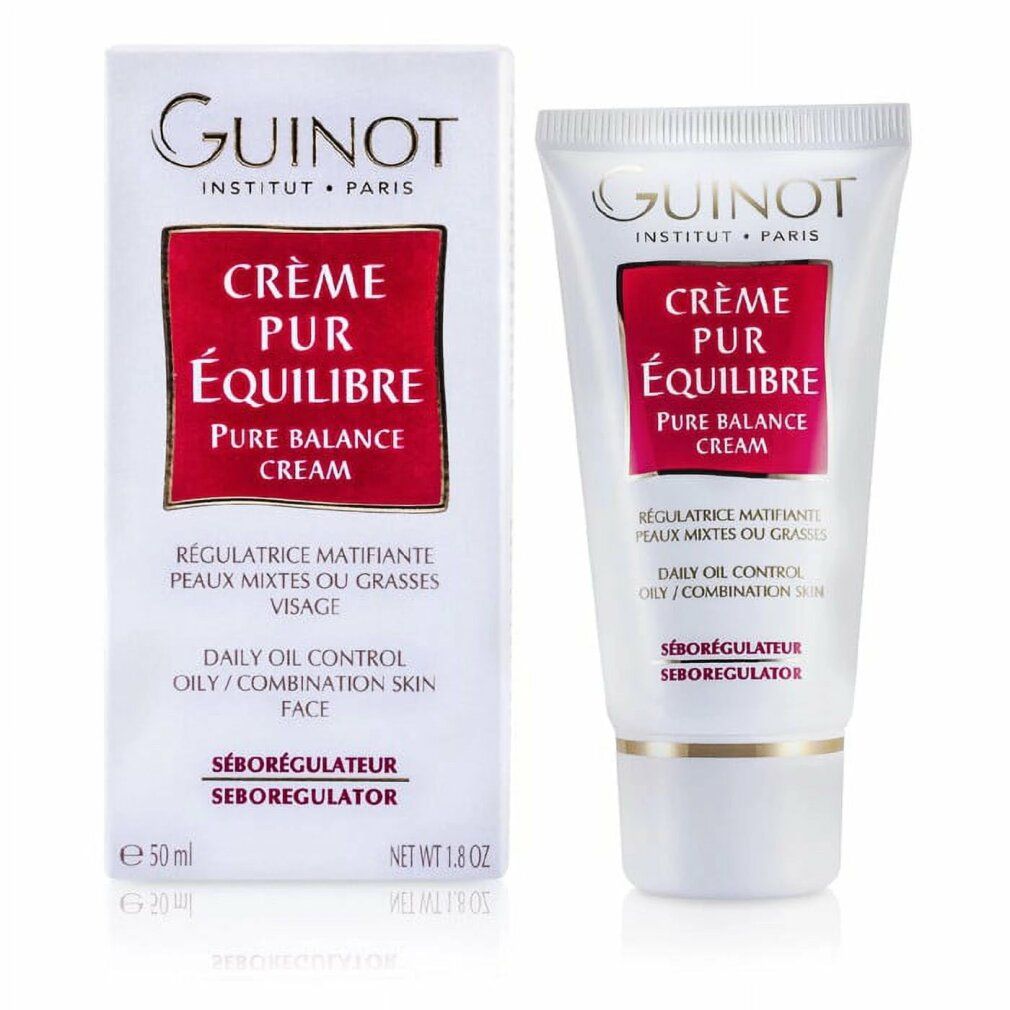 Produktverpackung und Tube. Text: Crème Pur Équilibre, Pure Balance Cream, für Mischhaut. Marke Guinot.