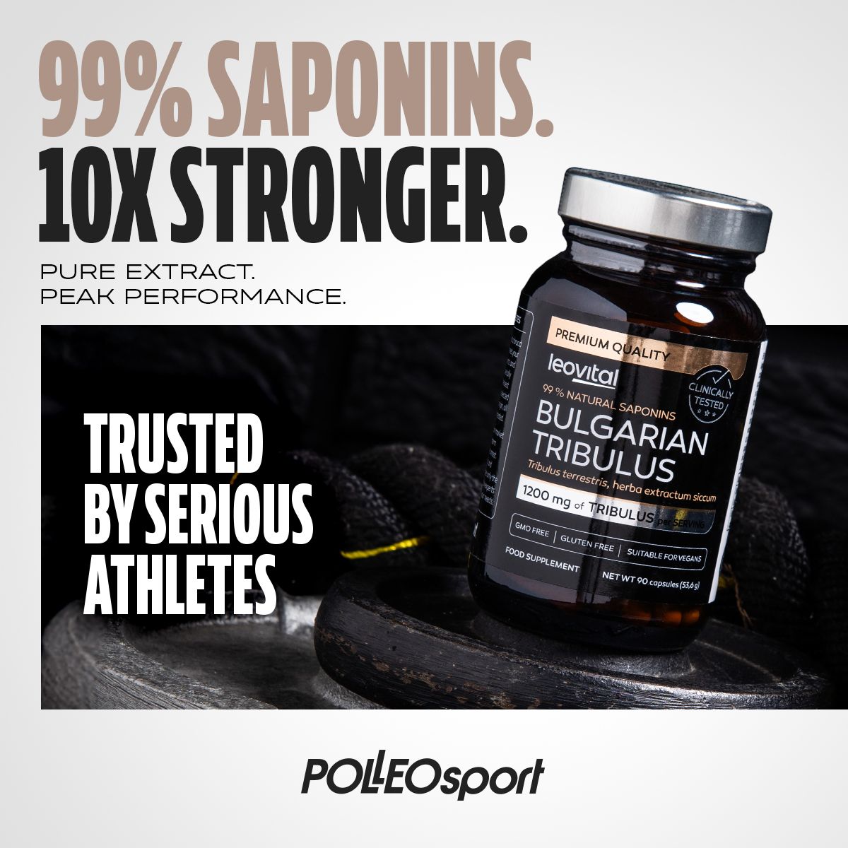 Produktflasche mit Kapseln, vor dunklem Hintergrund. Text: 99% Saponine, 10x stärker. Logo und Text: Trusted by serious athletes.