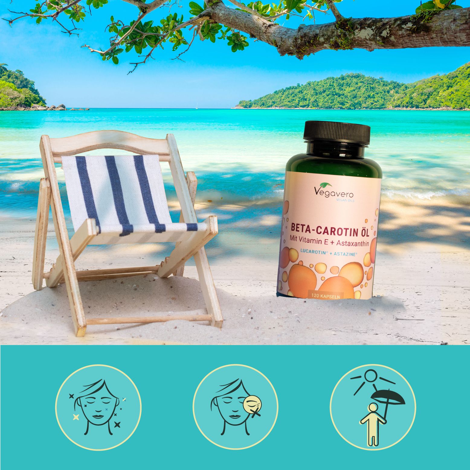 Strand-Szene mit Produktflasche. Liegestuhl am Strand. Produktflasche mit Logo und Text.