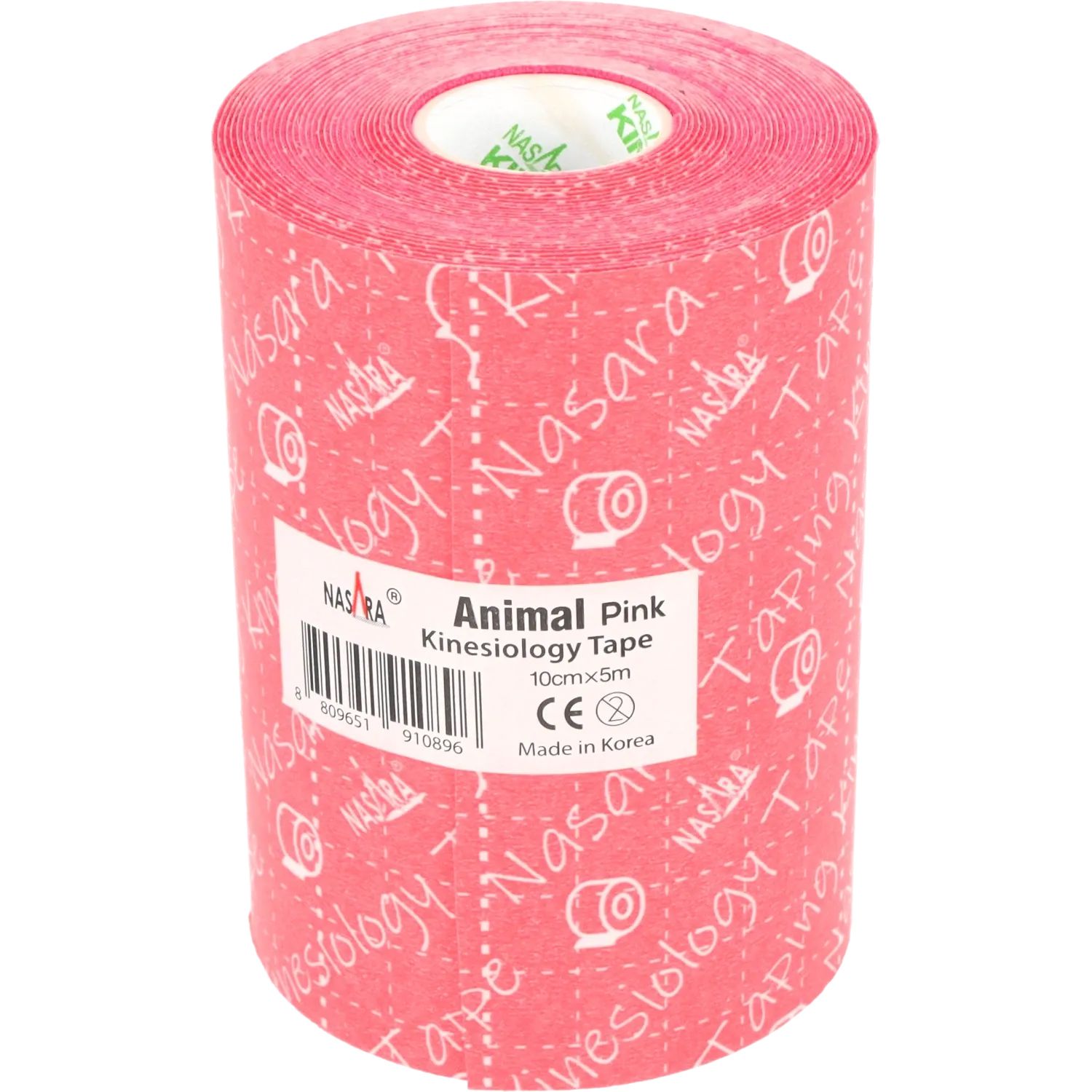 Rolle pinkfarbenes Kinesio-Tape. Aufdruck: Nasara Kinesiology Tape. Weißes Logo. Etikett mit Produktinformationen.