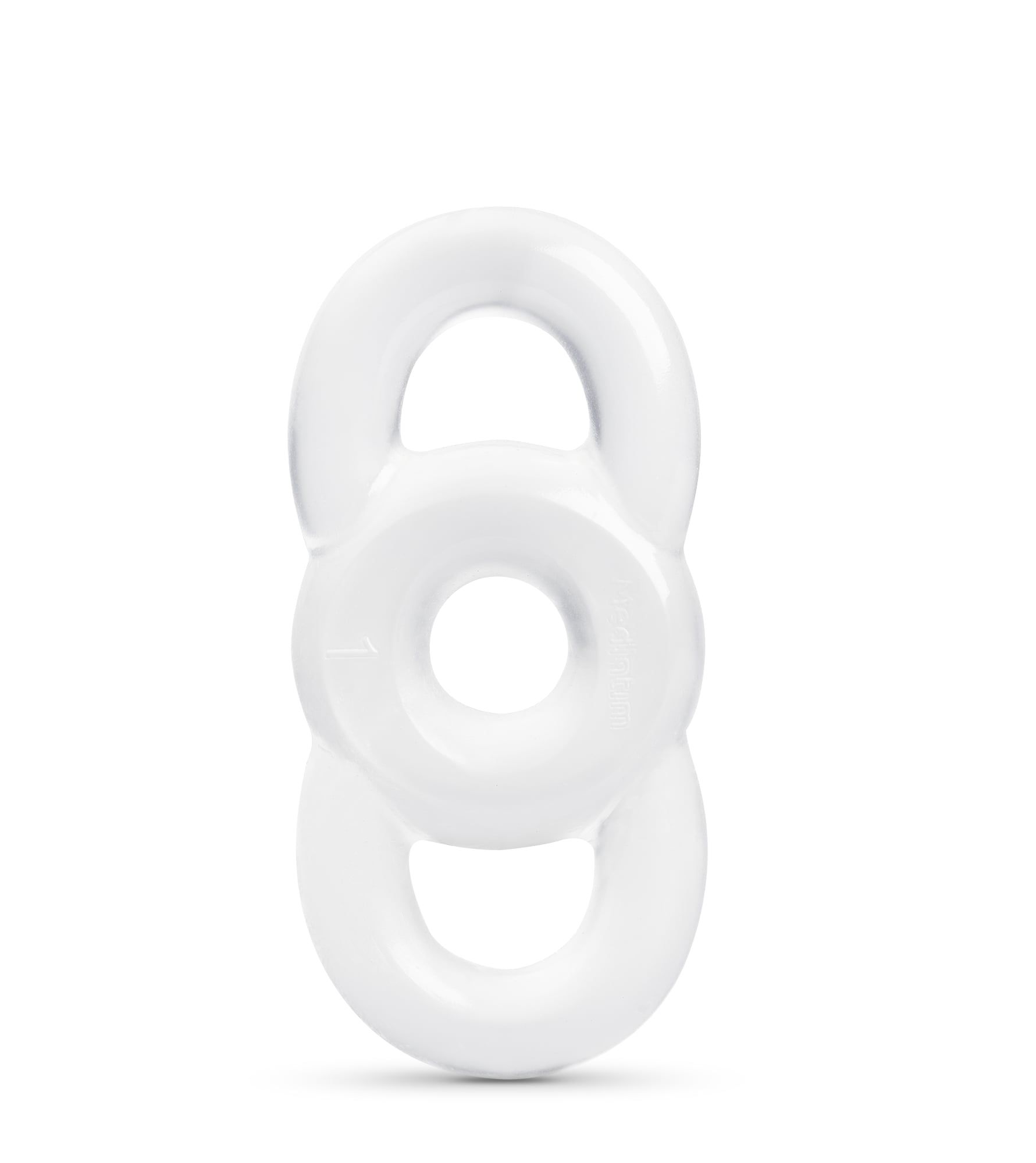 Weißes, ringförmiges Produkt mit drei verbundenen Ringen. Mittlerer Ring größer als die oberen und unteren.