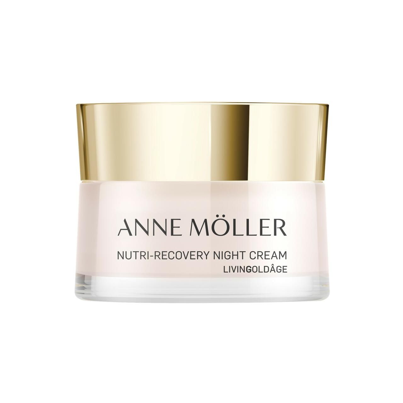 Creme-Tiegel mit goldenem Deckel. Aufschrift: Anne Möller, Nutri-Recovery Night Cream, Livingoldâge.