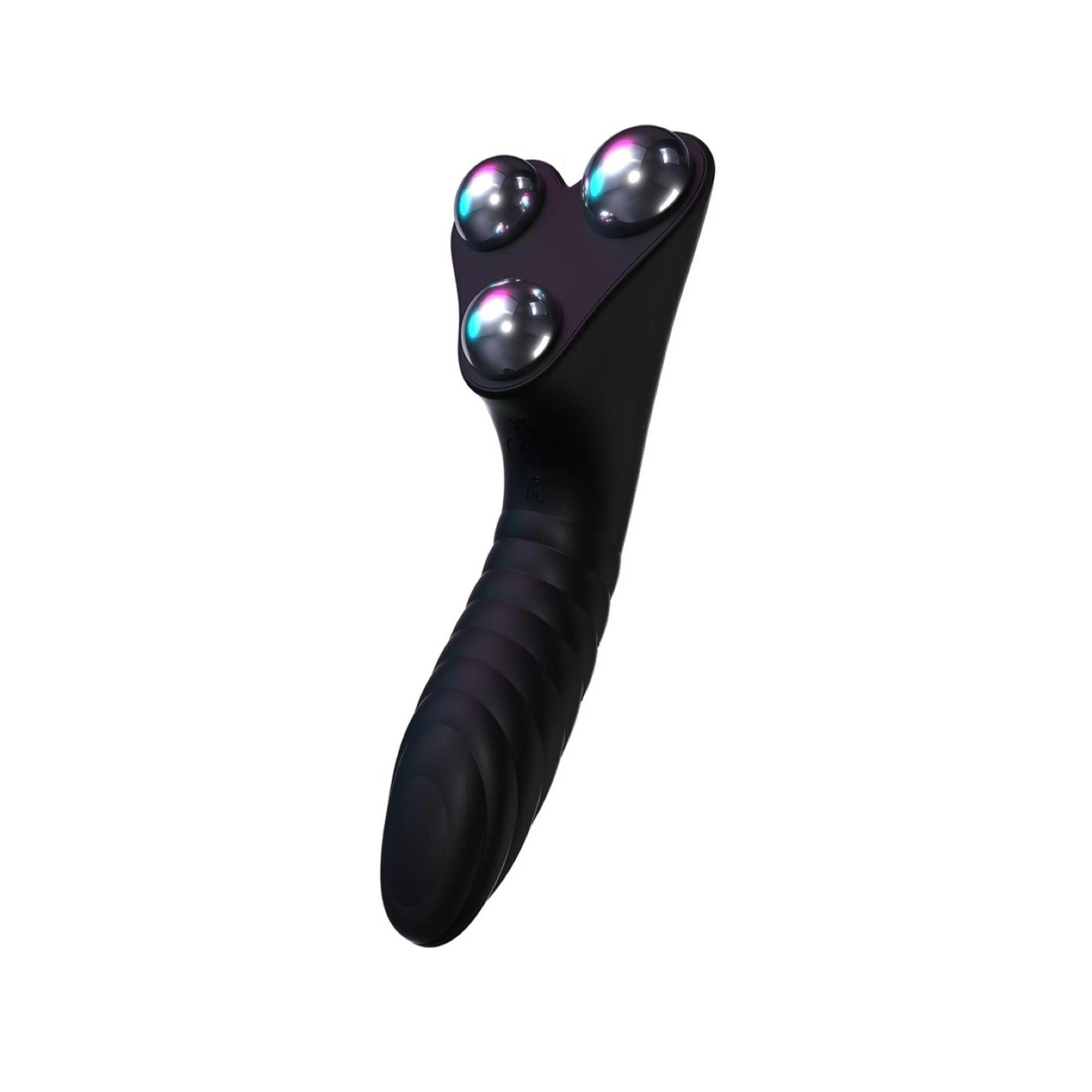 Schwarzer Vibrator mit geriffelter Oberfläche und drei metallischen Kugeln. Ergonomisches Design.