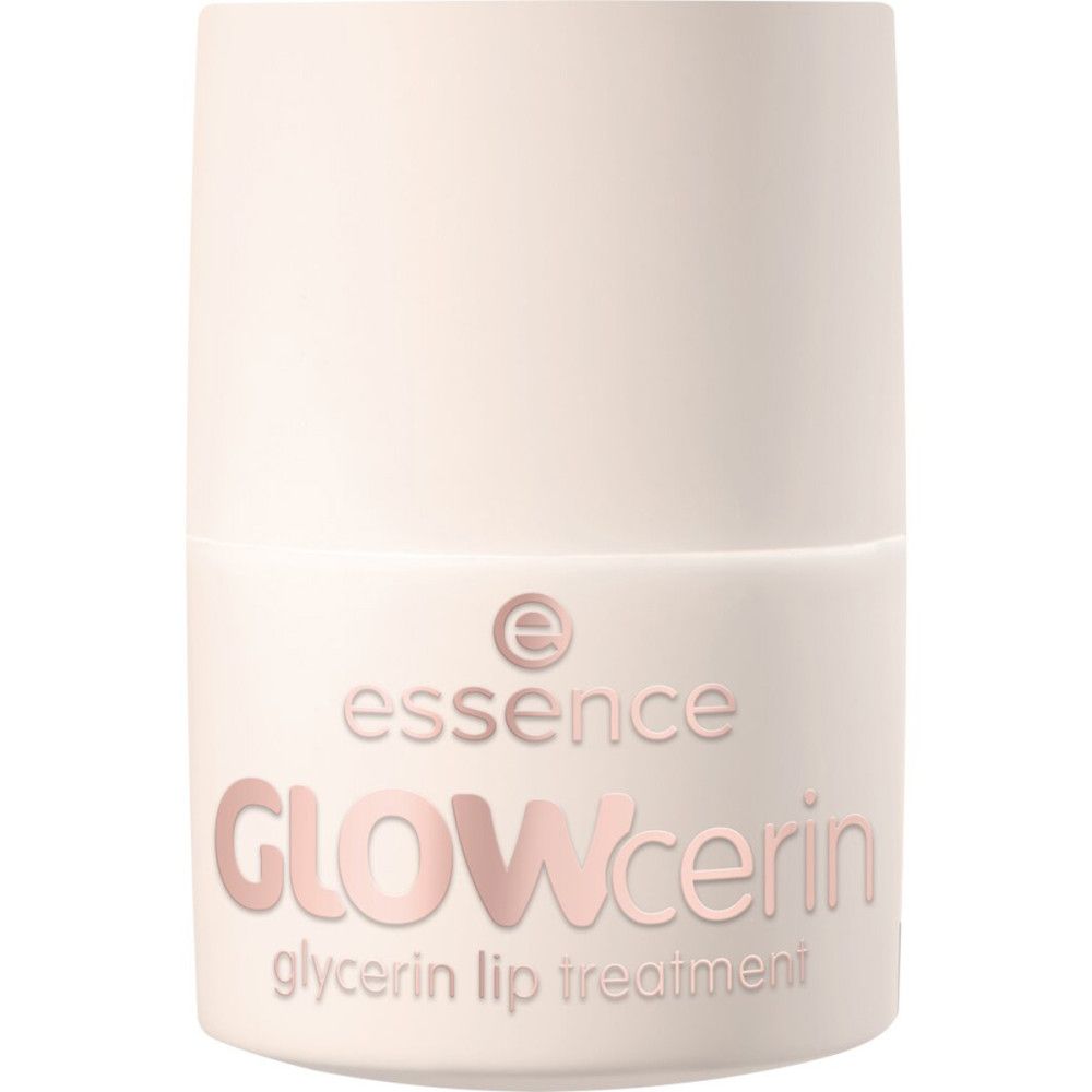 Beige Lippenpflege-Tiegel. Aufschrift: essence GLOWcerin glycerin lip treatment.