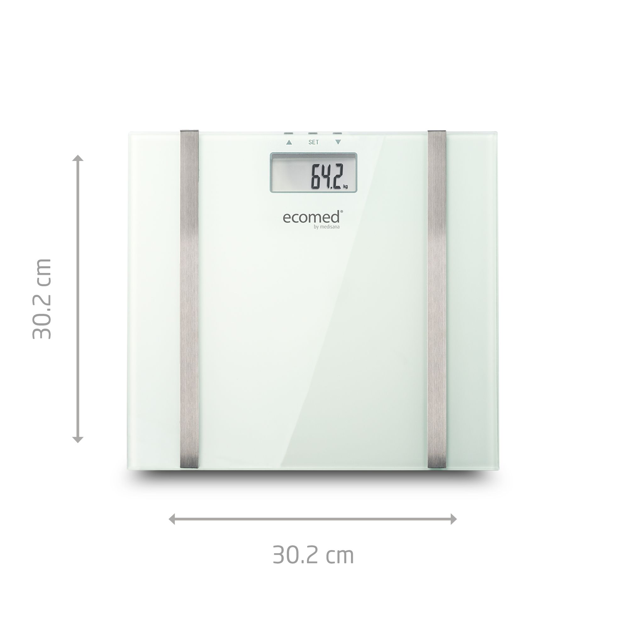 Digitale Körperanalysewaage aus Glas, weiß, mit Anzeige. Maße: 30,2 x 30,2 cm. Edelstahl-Elemente. Marke: ecomed.