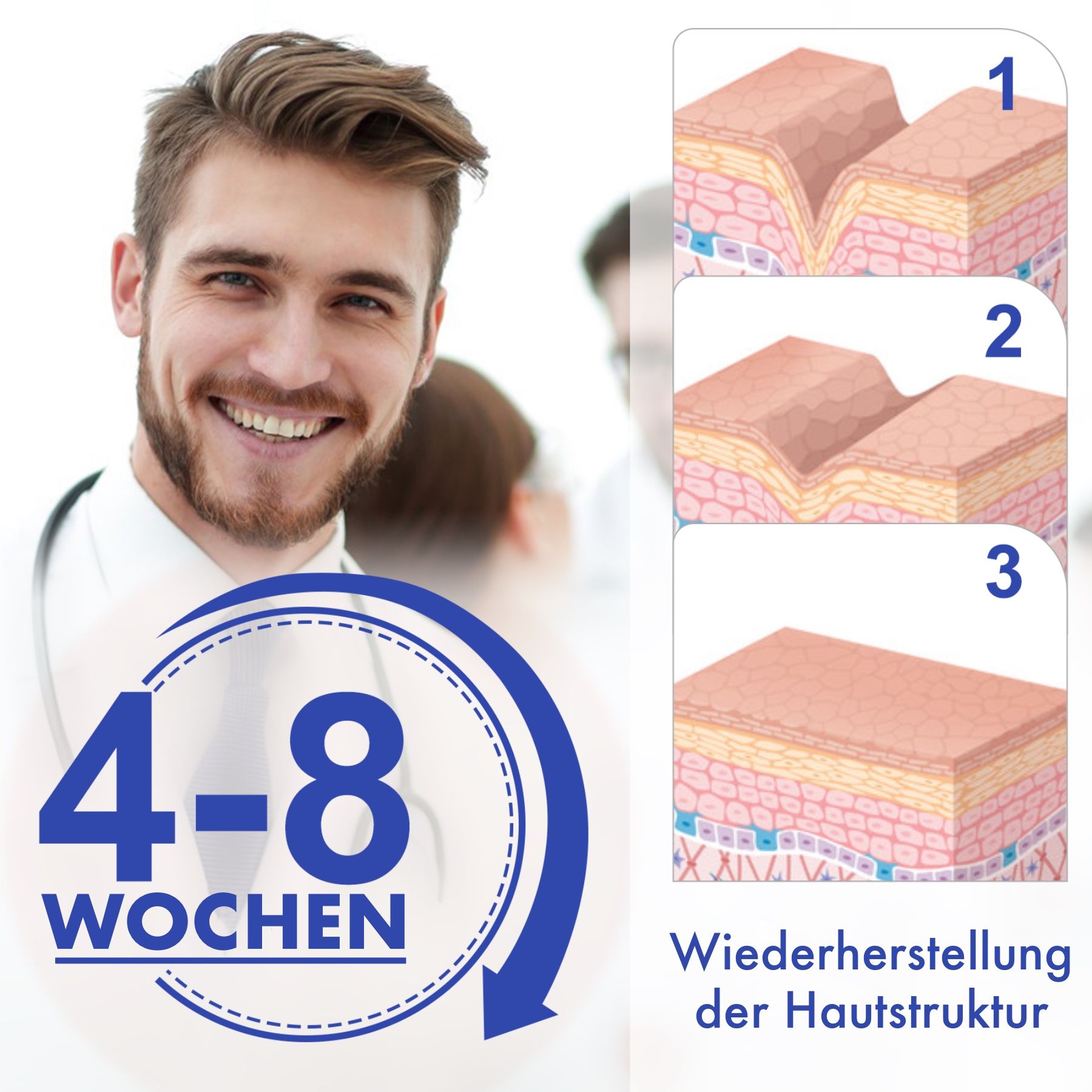 Arzt lächelt. Diagramm: Hautschichten, Narbenreduzierung. Text: 4-8 Wochen. Wiederherstellung der Hautstruktur.