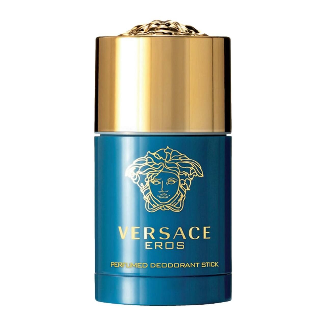 Blauer Deostift mit goldener Kappe. Aufschrift: Versace Eros. Deodorant Stick. Goldene Medusa.