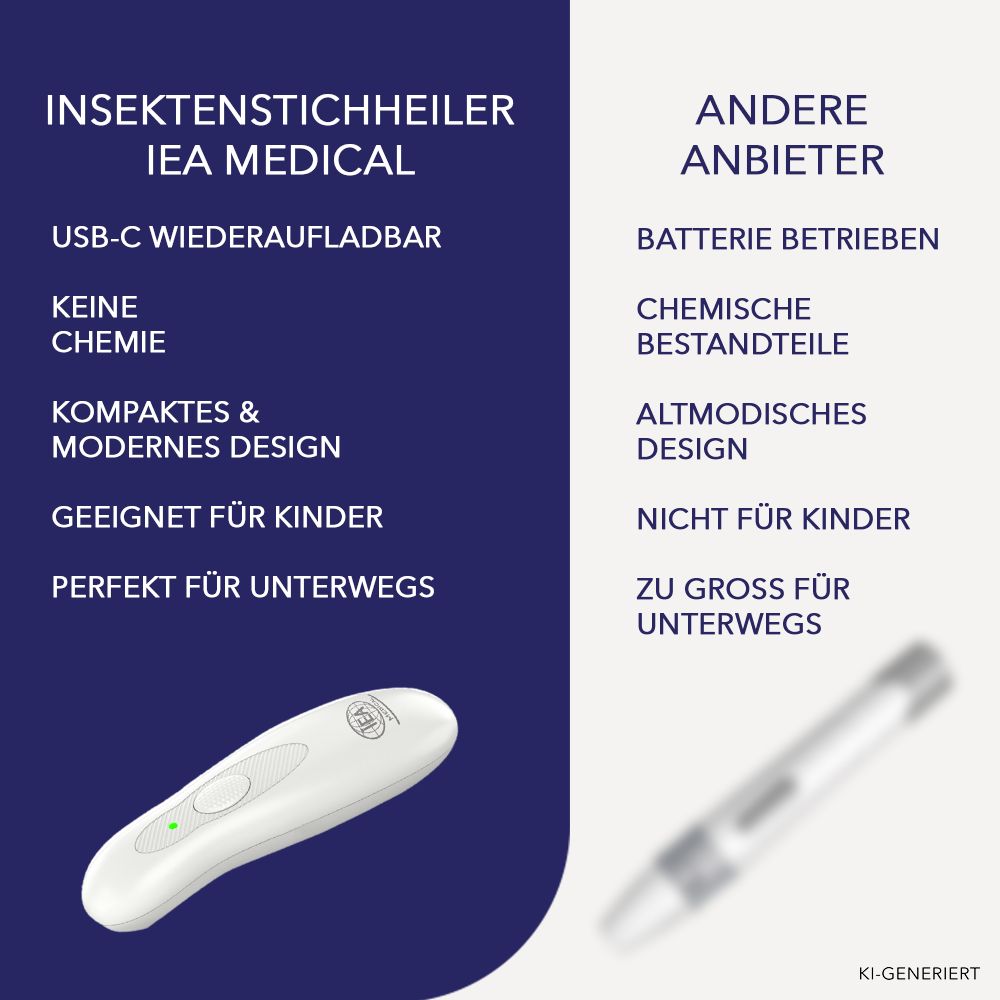 Vergleich: IEA Medical Insektenstichheiler (USB-C, keine Chemie) vs. andere Anbieter (Batterie, Chemikalien).