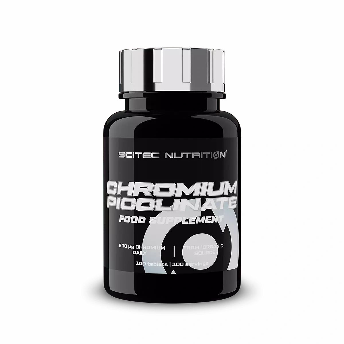 Schwarze Flasche mit silbernem Deckel. Aufschrift: Scitec Nutrition, Chromium Picolinate, Nahrungsergänzungsmittel.