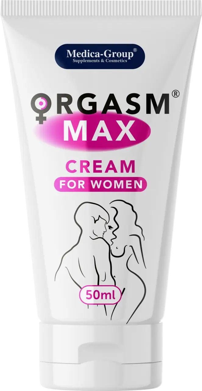 Weiße Tube mit Produktnamen und Logo. Enthält Illustrationen von Paaren. Text: ORGASM MAX CREAM FOR WOMEN, 50ml.