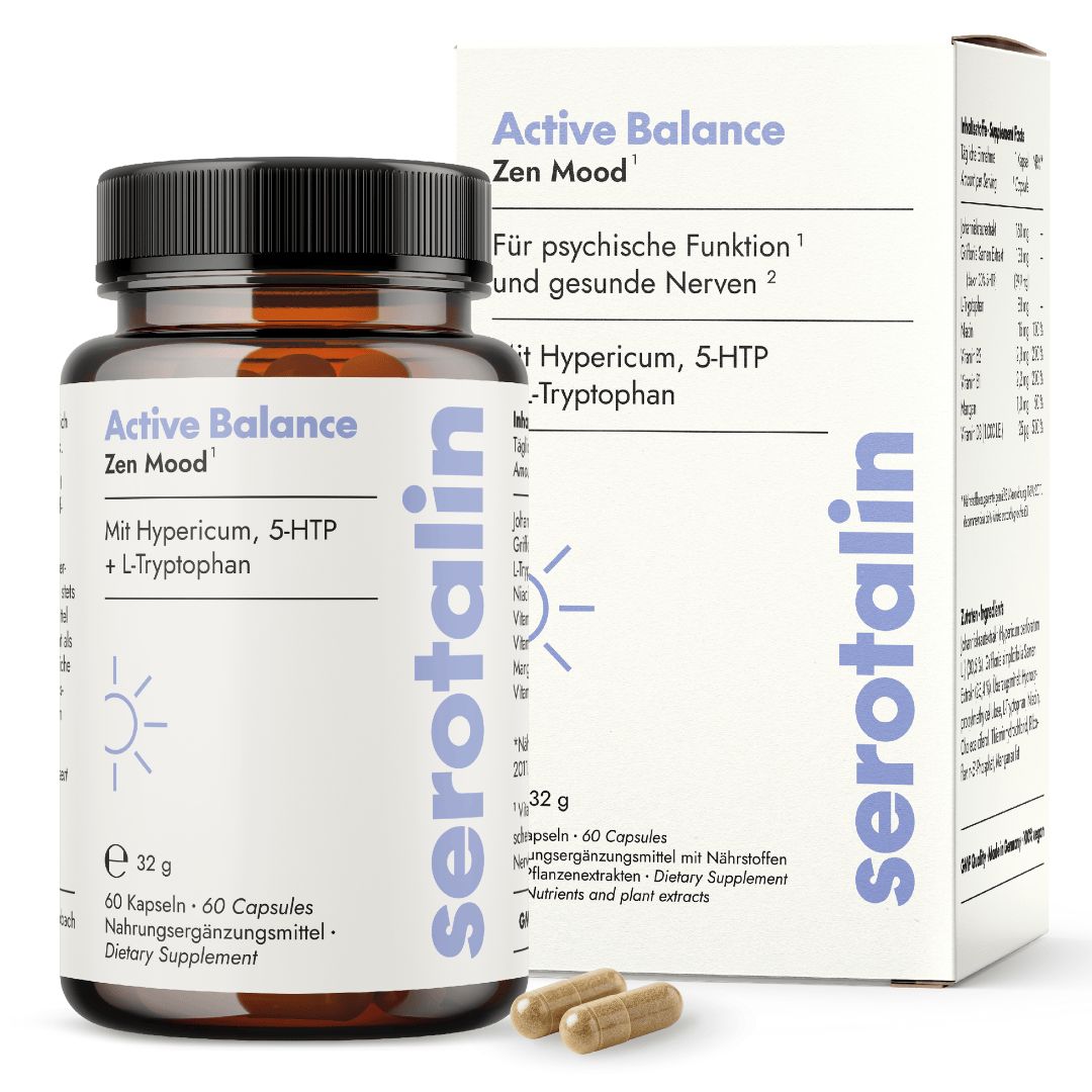 Braune Kapseln in einer braunen Flasche und einer weißen Schachtel. Aufschrift: serotalin Active Balance Zen Mood.