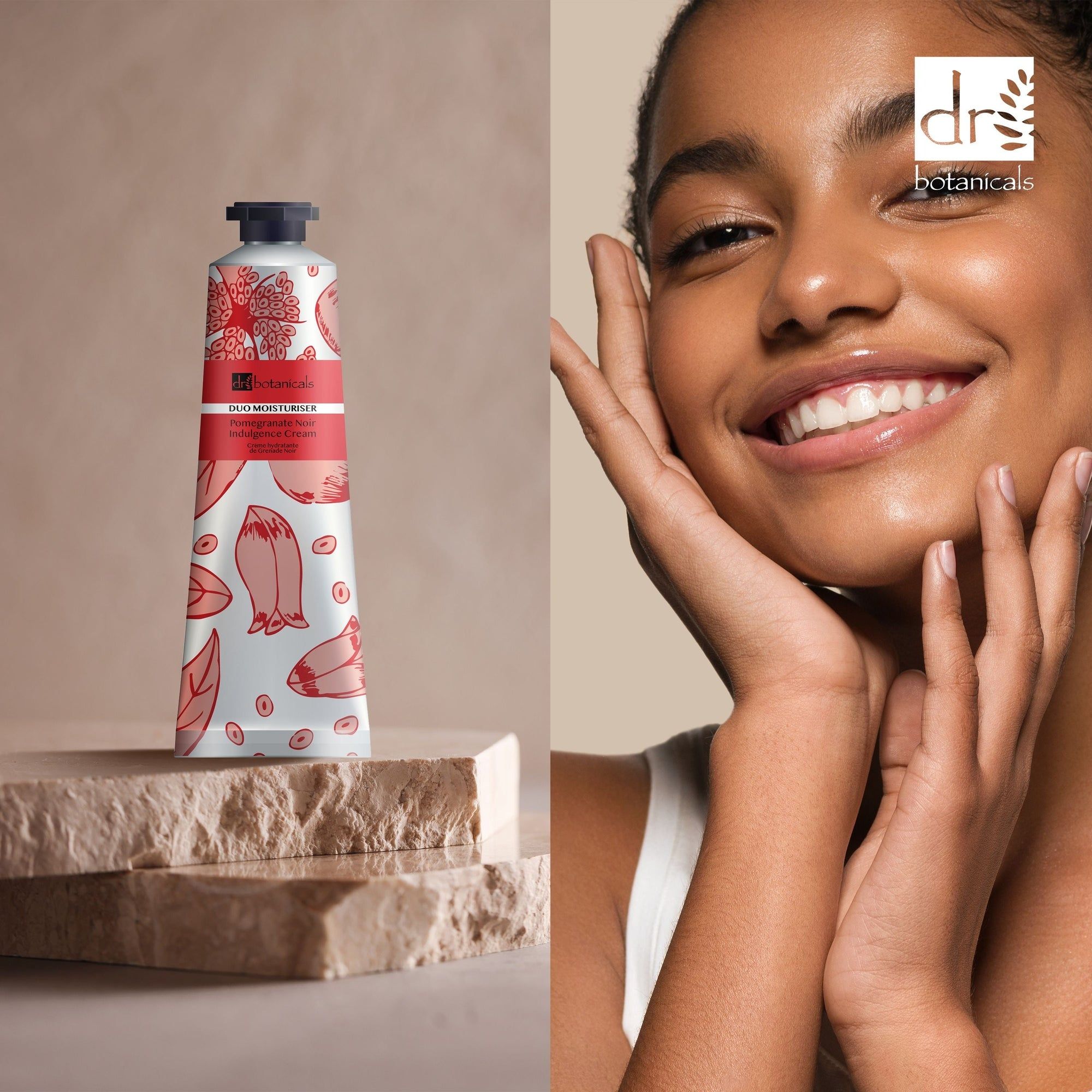 Creme-Tube auf Stein. Frau berührt ihr Gesicht. Logo und Produktname sichtbar.