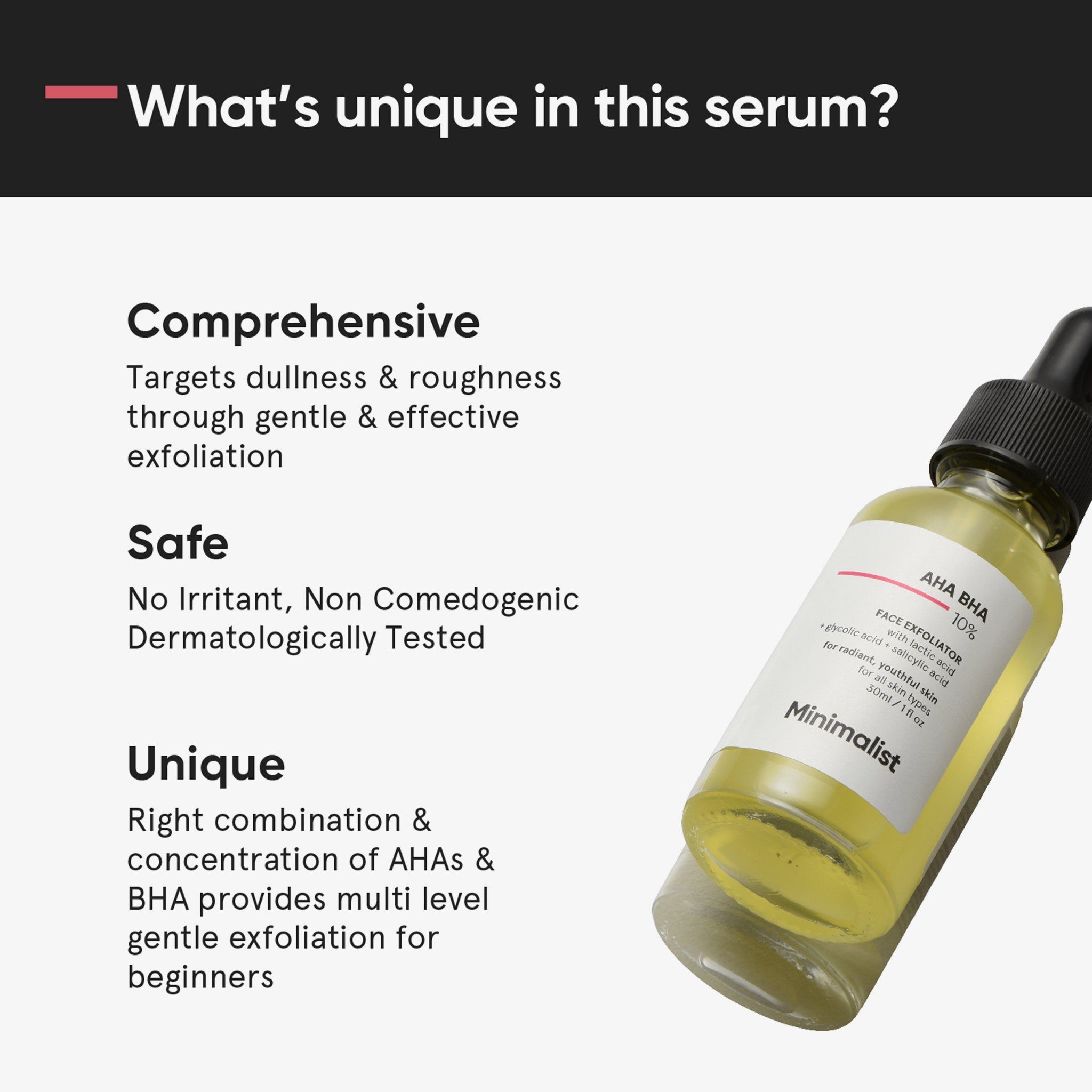 Serumflasche mit Pipette. Aufschrift: AHA BHA 10%, Minimalist. Enthält Glykolsäure, Milchsäure und Salicylsäure.