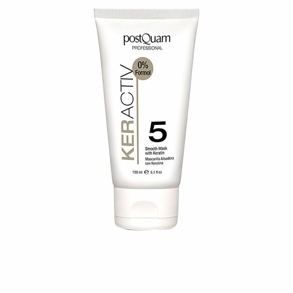 Weiße Tube mit schwarzem Schriftzug KERACTIV 5, darunter 'Smooth Mask with Keratin'. Marke: postQuam PROFESSIONAL. 0% Formal.