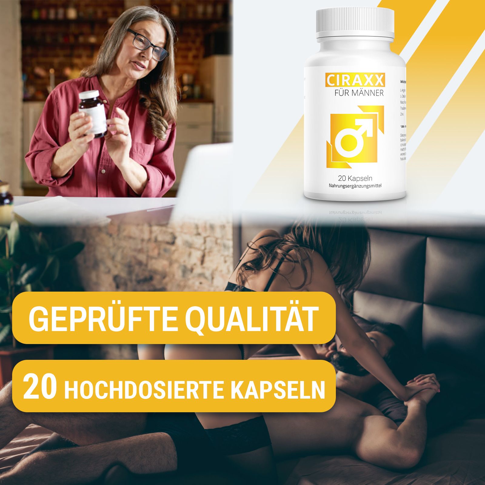 Weiße Flasche mit gelbem Etikett. Aufschrift: CIRAXX FÜR MÄNNER, 20 Kapseln. Nahrungsergänzungsmittel. Männliches Symbol. Frau hält Flasche. Text: Geprüfte Qualität, 20 hochdosierte Kapseln.