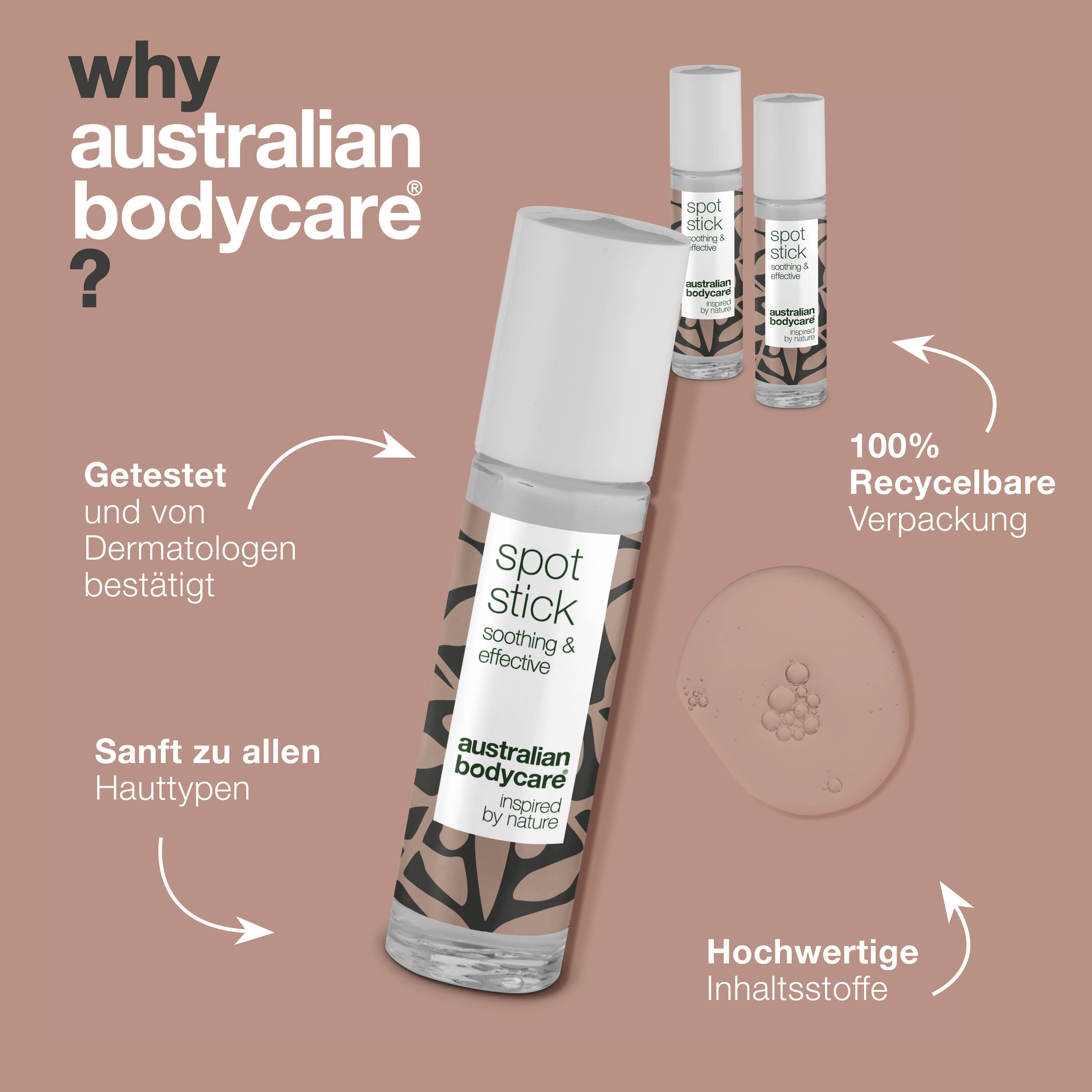 Produkt mit Pfeilen. Sichtbar: Spot Stick, beruhigend & effektiv, Australian Bodycare. 100% recycelbar.