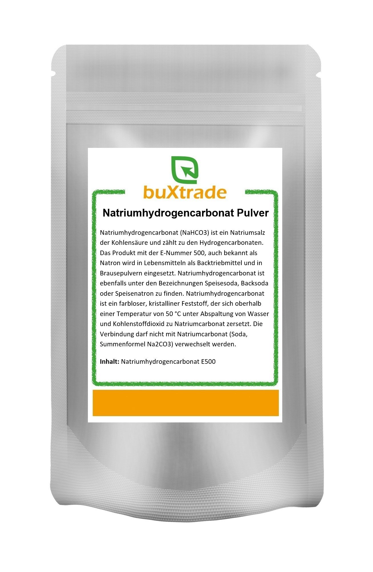 Beutel mit weißem Pulver. Aufdruck: buXtrade Natriumhydrogencarbonat Pulver. Textfeld mit Produktinformationen und E500.