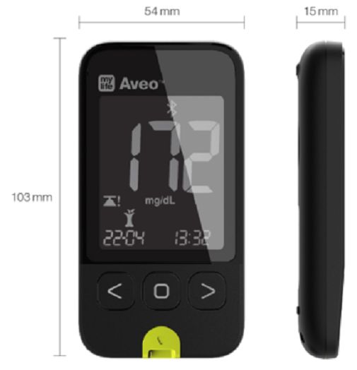 Blutzuckermessgerät mylife Aveo. Schwarzes Gerät mit Display, Maße: 103x54x15mm. Zeigt Messwert, Uhrzeit und Datum an. Bluetooth-Symbol.