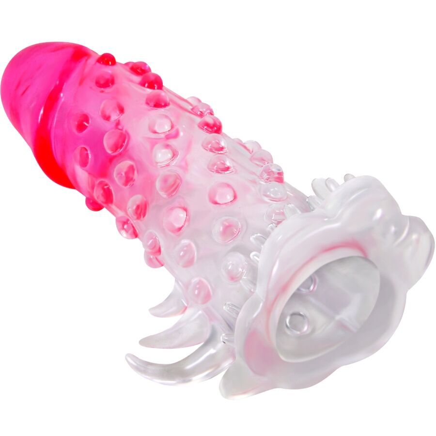 Penishülle, transparent mit rosa Spitze und Noppen. Mit einer Basis mit Aussparungen.
