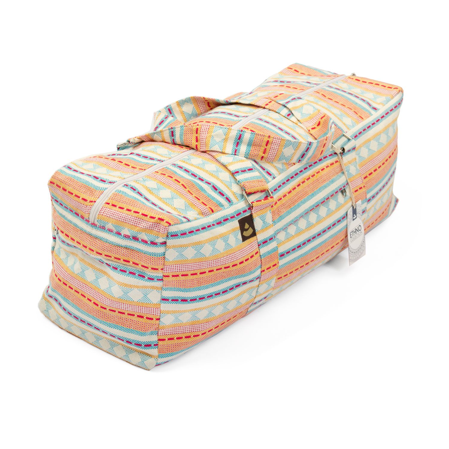 Yoga-Kit-Tasche mit apricot-hellblauem Muster. Rechteckige Form, Jacquard-Webstoff. Tragegriff und Reißverschluss.