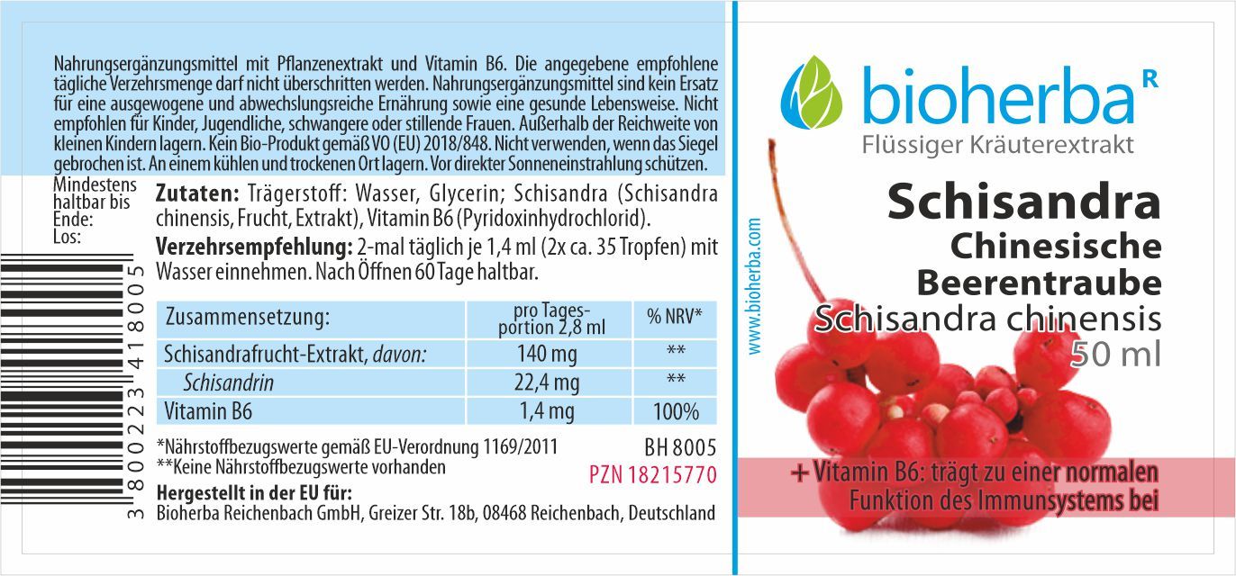 Etikett mit Produktinformationen. Enthält Text zu Inhaltsstoffen, Dosierung und Hersteller. Logo: Bioherba, Schisandra Beerentraube.