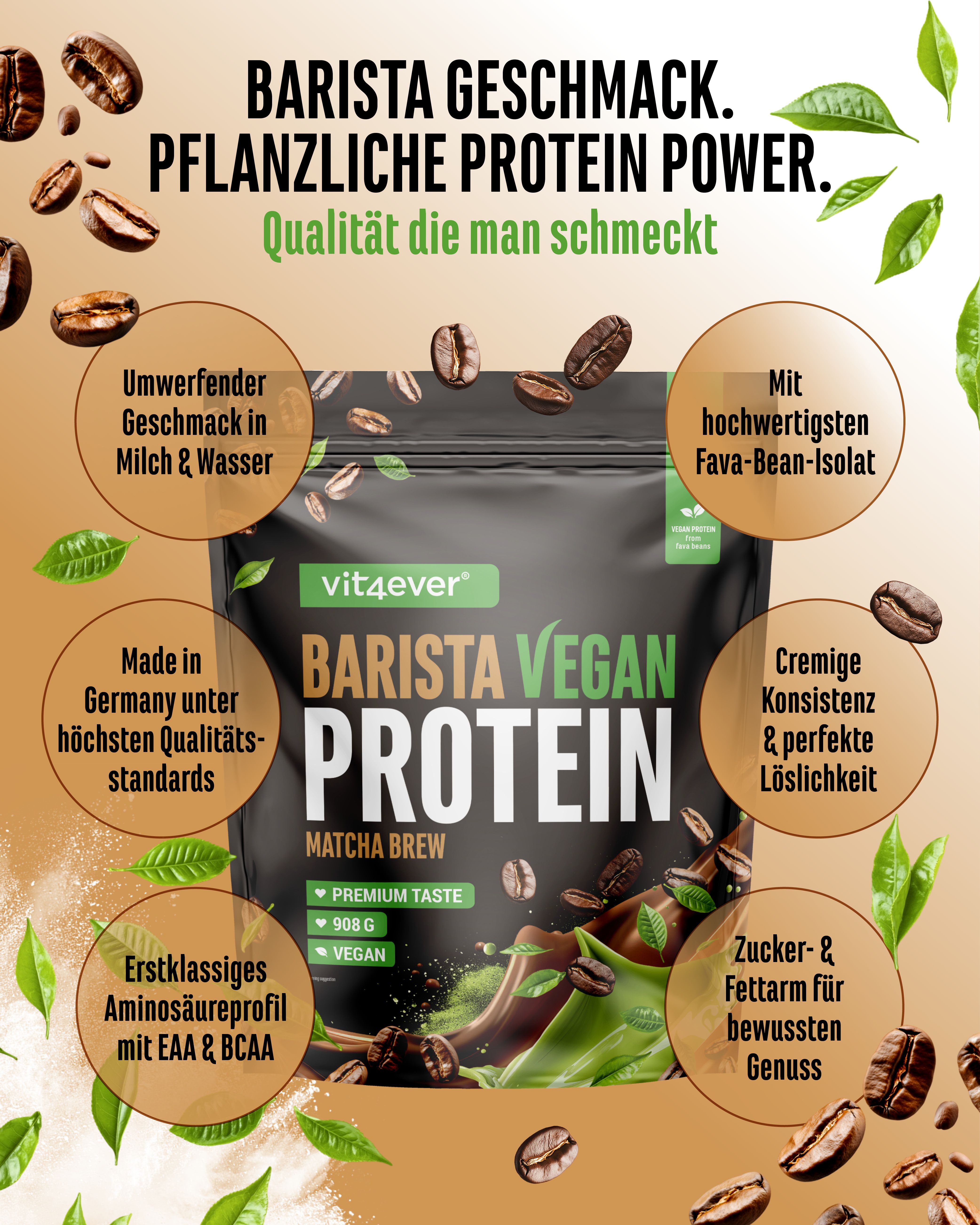 Verpackung "vit4ever Barista Vegan Protein Matcha Brew". Informationen zu Geschmack, Qualität und Inhaltsstoffen. Kaffeebohnen und Blätter.