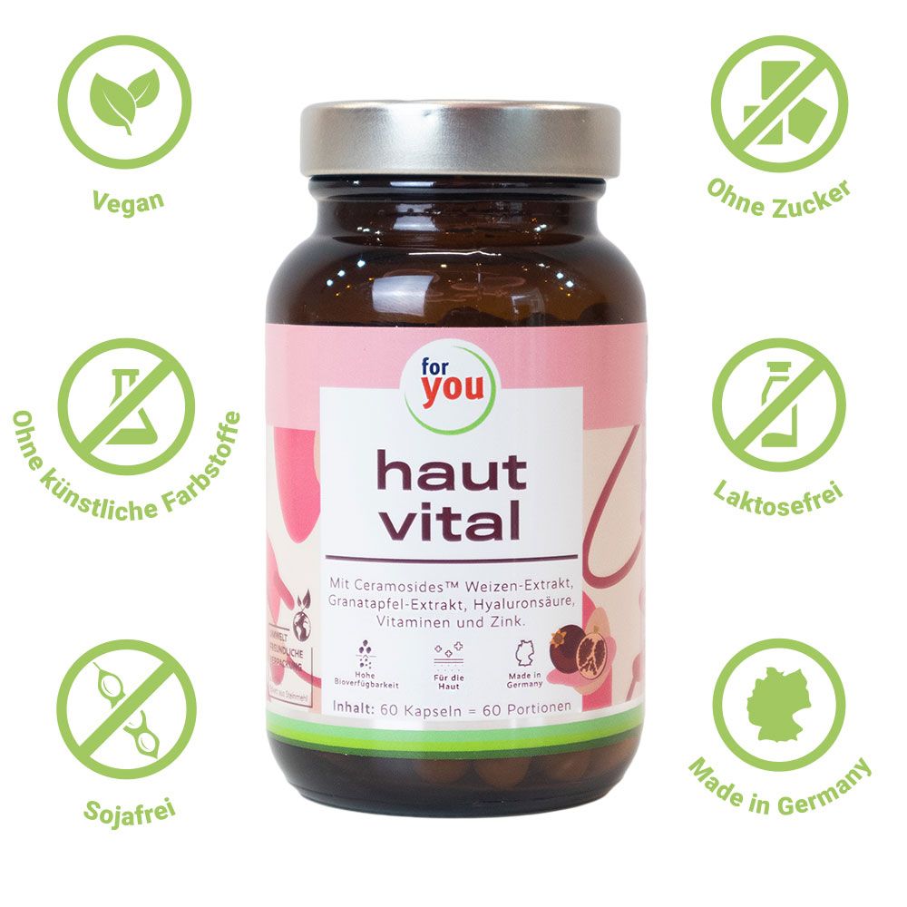 Braune Glasflasche mit rosa Etikett. Aufschrift: for you haut vital. Vegan, zuckerfrei, laktosefrei, sojafrei.